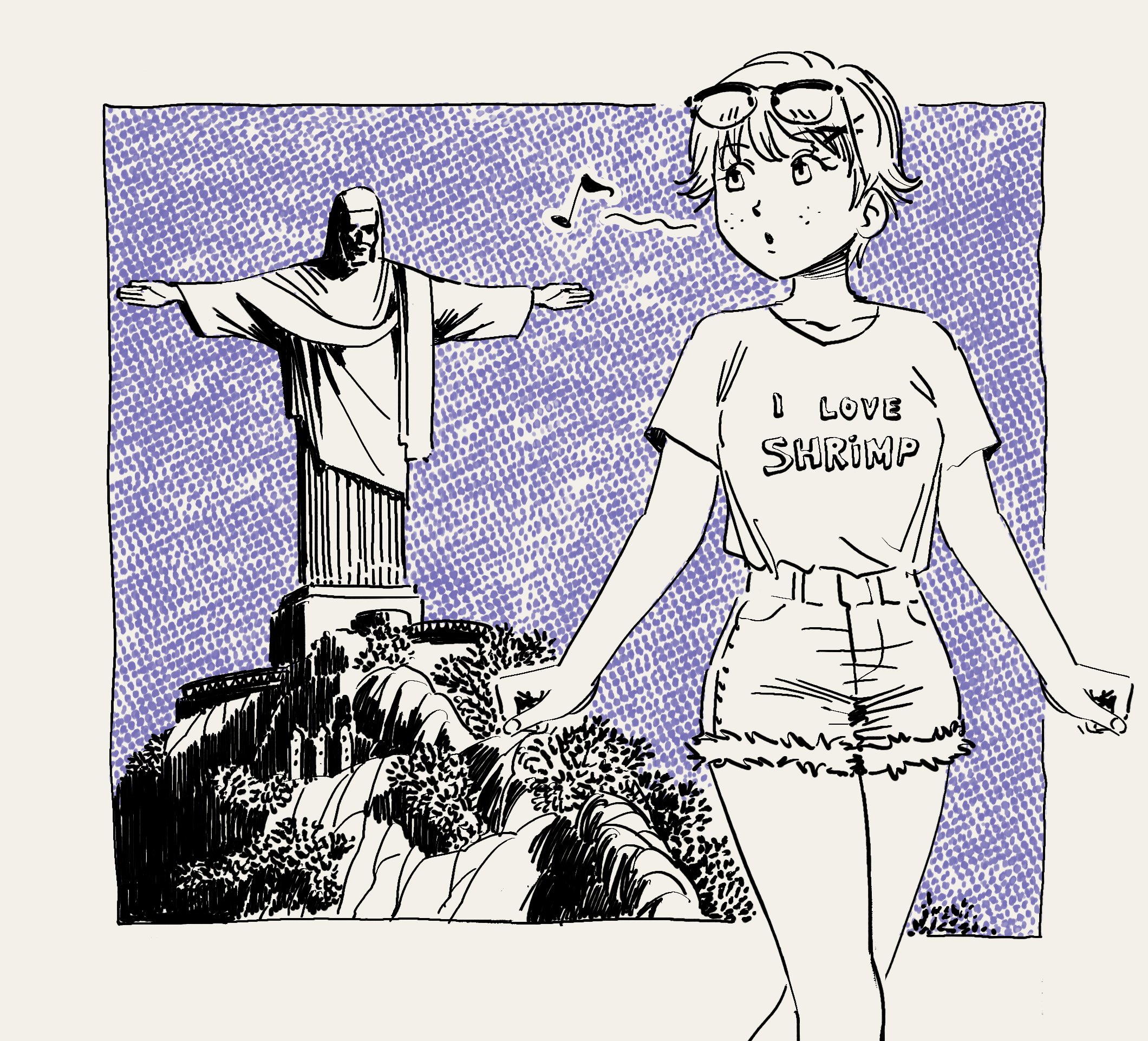 heidi (heytherenrds), original, commentary, highres, symbol-only commentary, 1girl, christ the redeemer, denim, denim shorts, english text, eyewear on head, freckles, fur-trimmed shorts, fur trim, glasses, hair ornament, hairclip, looking to the side, musical note, print shirt, shirt, shirt tucked in, short sleeves, shorts, solo, statue, t-shirt, walking, whistling, x hair ornament
