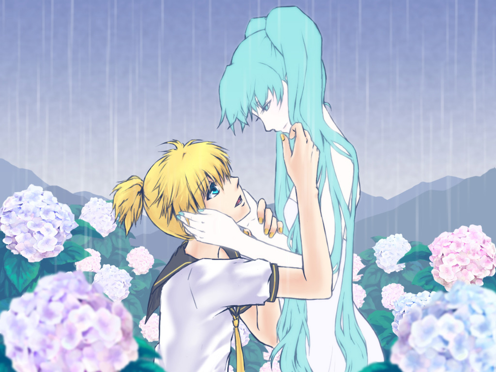 koz, hatsune miku, kagamine len, vocaloid, aqua eyes, aqua hair, blonde hair, blue eyes, flower, hydrangea, long hair, necktie, profile, rain, short hair, twintails, very long hair