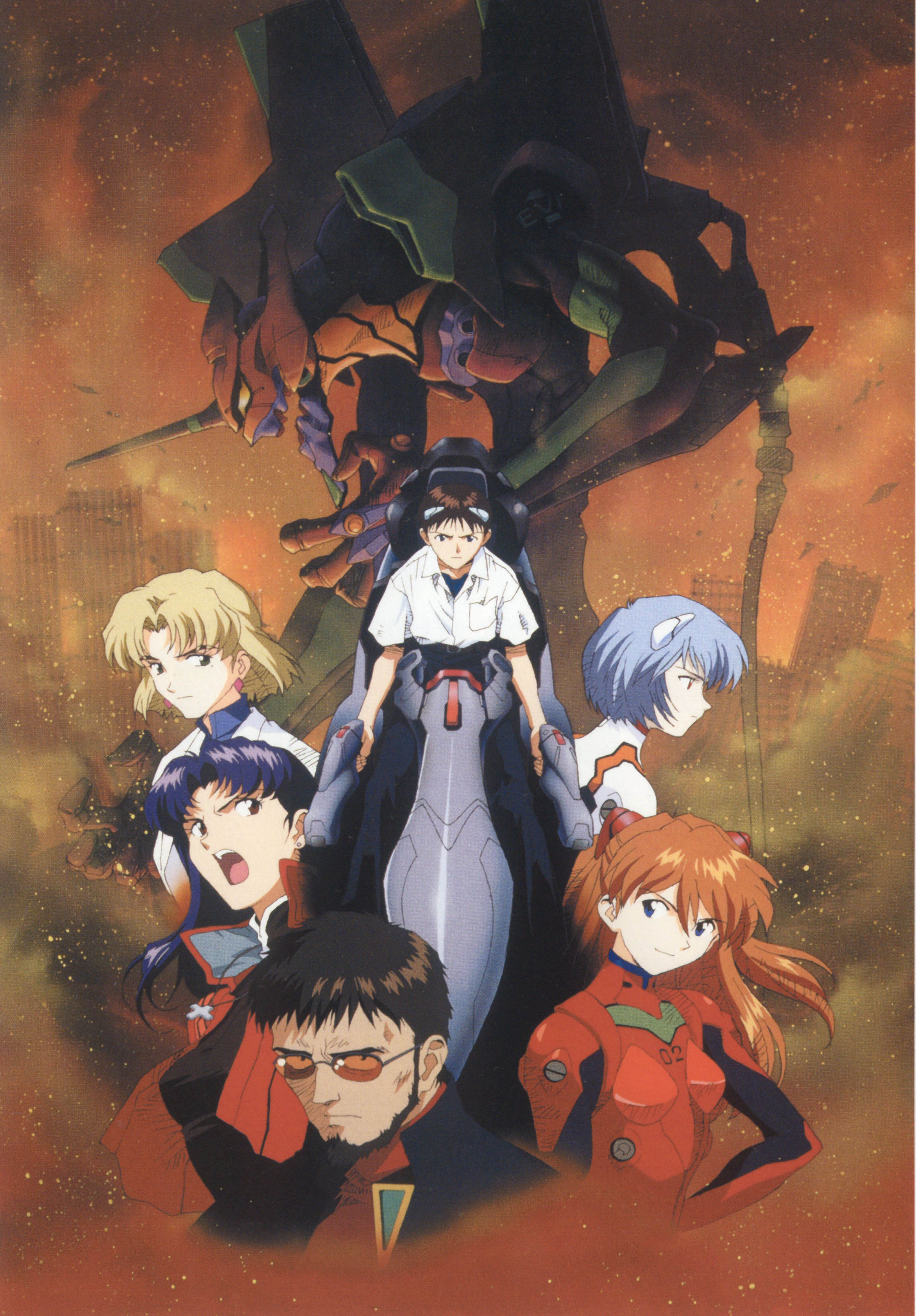 akagi ritsuko, ayanami rei, eva 01, ikari gendou, ikari shinji, katsuragi misato, souryuu asuka langley, neon genesis evangelion, the end of evangelion, uniform, absurdres, highres, scan, 2boys, 4girls, age difference, beard, blonde hair, blue hair, earrings, entry plug, facial hair, father and son, interface headset (evangelion), jewelry, lab coat, mecha, mecha pilot suit, multiple boys, multiple girls, plugsuit (evangelion), purple hair, red eyes, red hair, robot, sunglasses, twintails