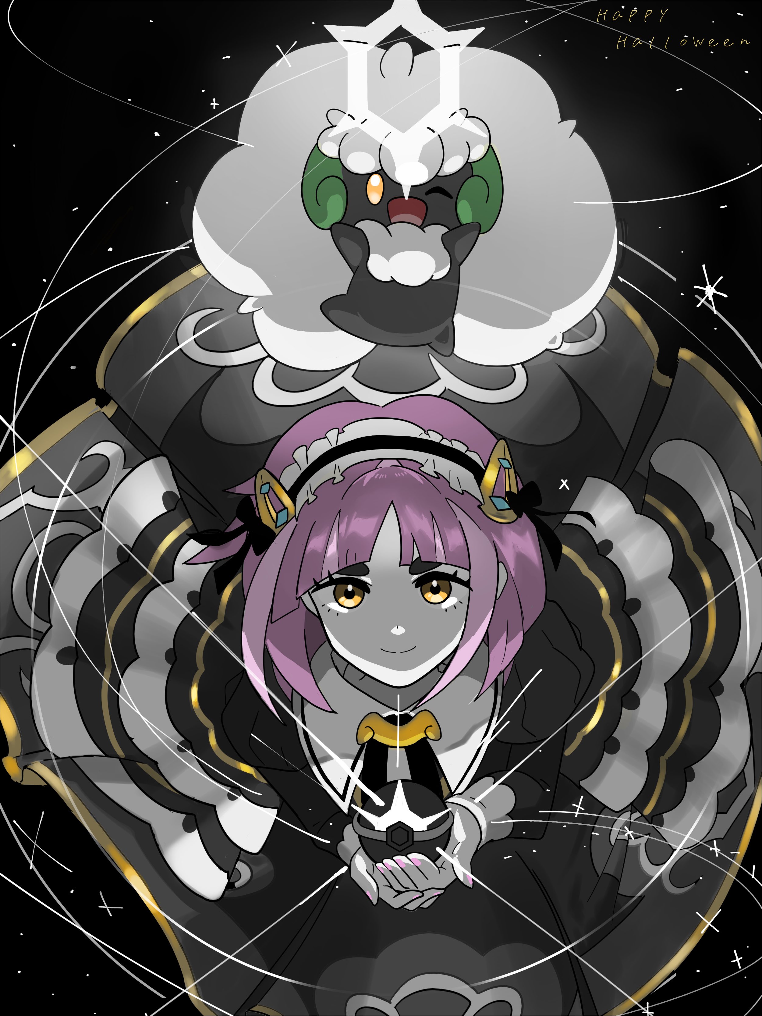 w0ch1en, lacey (fall 2025) (pokemon), lacey (pokemon), whimsicott, nintendo, pokemon, pokemon masters ex, absurdres, highres, 1girl, dress, gen 5 pokemon, happy halloween, holding, holding tera orb, maid headdress, official alternate costume, one eye closed, pink hair, pokemon (creature), sparkle, spot color, tera orb, yellow eyes