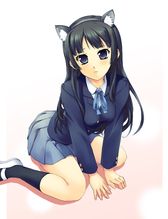 mifumi takafumi, akiyama mio, k-on!, 00s, 1girl, animal ears, black eyes, black hair, cat ears, cat girl, female focus, gradient background, hime cut, kneeling, long hair, school uniform, shoes, solo, uwabaki