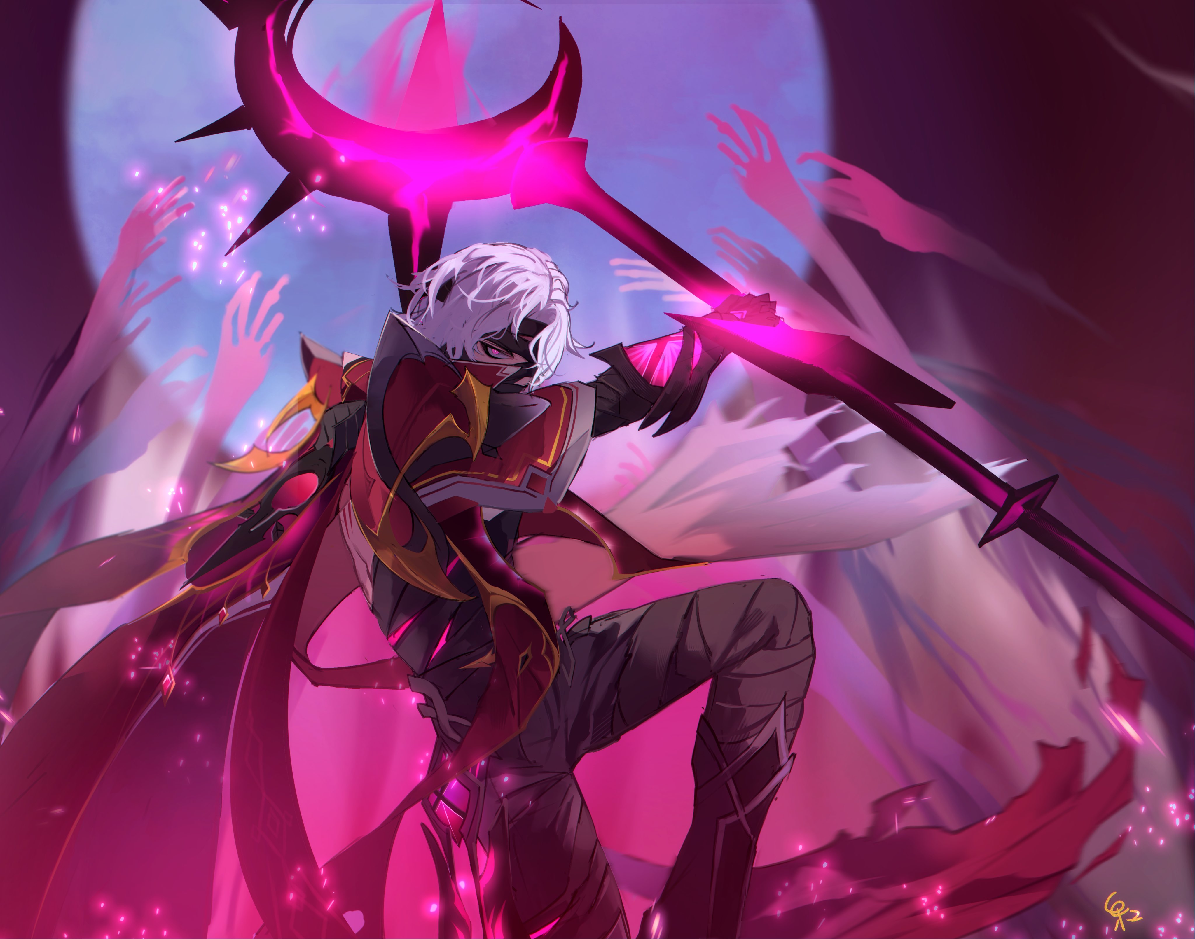 kapp a24, rerir (genshin impact), genshin impact, absurdres, highres, 1boy, black claws, cape, full moon, holding, holding polearm, holding weapon, looking at viewer, moon, pink eyes, polearm, watermark, weapon, white hair