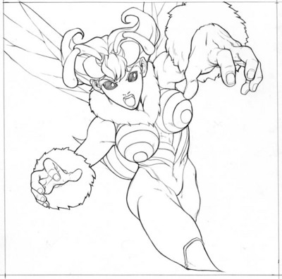 bw, q-bee, capcom, darkstalkers, lowres, arthropod girl, bee, bee girl, black eyes, bug, halftone, monster girl, perspective, wings
