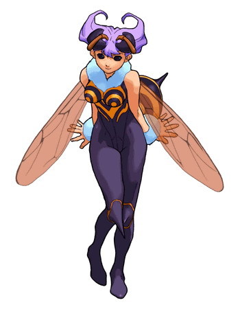 q-bee, capcom, darkstalkers, lowres, 1girl, antennae, arthropod girl, bee, bee girl, black eyes, bug, female focus, full body, insect, insect girl, monster girl, purple hair, simple background, solid eyes, solo, white background, wings