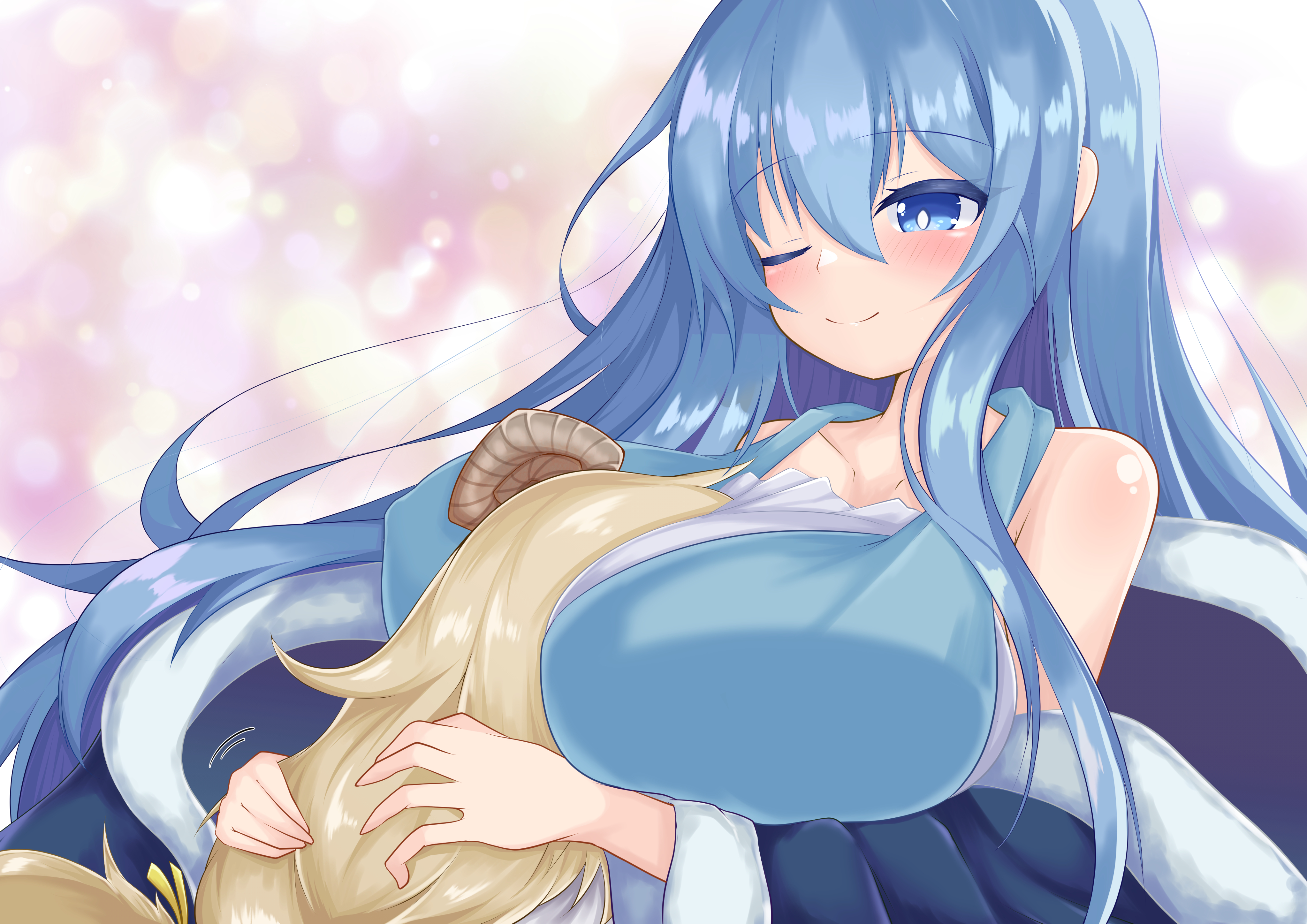 muwatari makura, gensou shoujo taisen, touhou, absurdres, commission, highres, pixiv commission, 2girls, blonde hair, blue hair, breast smother, breasts, face to breasts, horns, huge breasts, long hair, mature female, meeko (gensou shoujo taisen), multiple girls, one eye closed, sheep horns, shiron-46n, smile, yuri