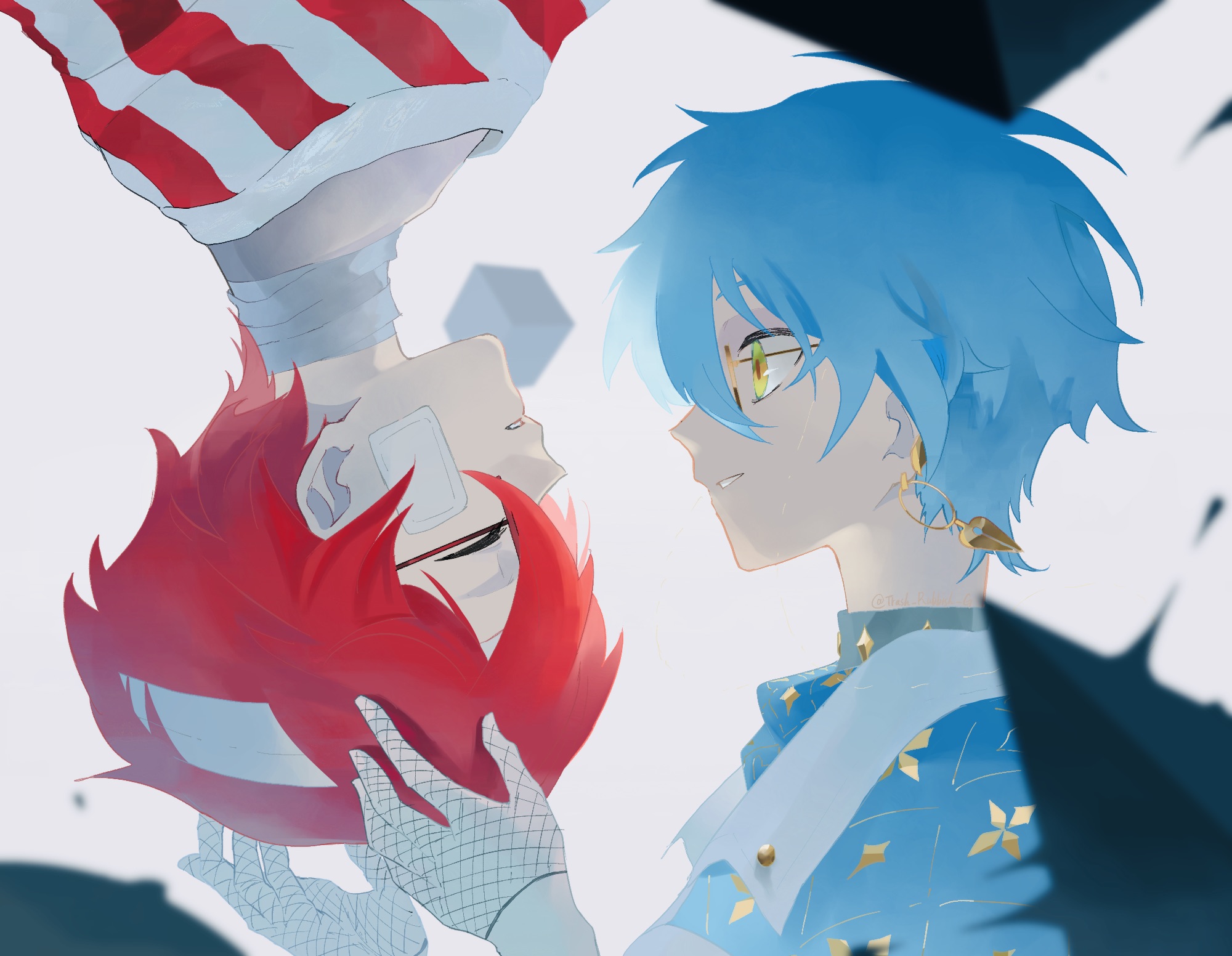 gomisyori 1, ike eveland, ike eveland (1st costume), indie utaite, nijisanji, nijisanji en, commentary, hashtag-only commentary, highres, 2boys, bandage on face, bandaged head, bandaged neck, bandages, blue hair, closed eyes, earrings, fishnet gloves, fishnets, from side, frown, glasses, gloves, green eyes, hair between eyes, jewelry, looking at another, male focus, multiple boys, parted lips, profile, red hair, red shirt, rotational symmetry, shirt, short hair, smile, striped clothes, striped shirt, upper body, virtual youtuber, voice actor connection, white background, white shirt, xandu (utaite)