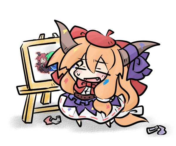 yanagi (nurikoboshi), daiyousei, ibuki suika, koakuma, embodiment of scarlet devil, touhou, messy, 1girl, beret, bow, chibi, closed eyes, easel, fang, female focus, hair bow, hat, horns, painting (action), ribbon, solo, standing, sweatdrop