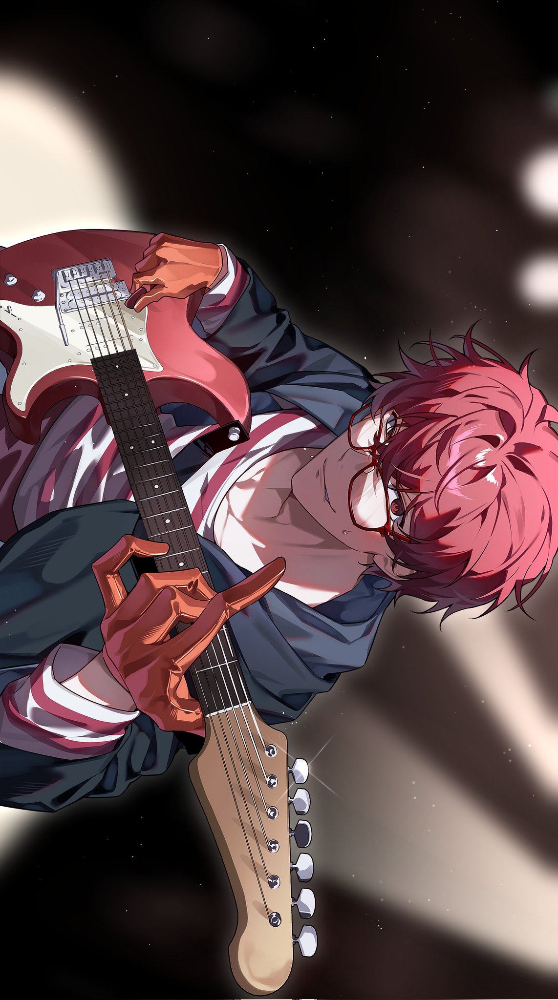 indie utaite, commentary, corrupted twitter file, hashtag-only commentary, highres, 1boy, black jacket, blurry, blurry background, ch44447, closed mouth, electric guitar, glasses, gloves, guitar, holding, holding instrument, holding plectrum, instrument, jacket, long sleeves, looking at viewer, male focus, music, playing instrument, plectrum, red-framed eyewear, red eyes, red gloves, red hair, red shirt, shirt, short hair, sideways, smile, solo, striped clothes, striped shirt, sweat, white shirt, xandu (utaite)