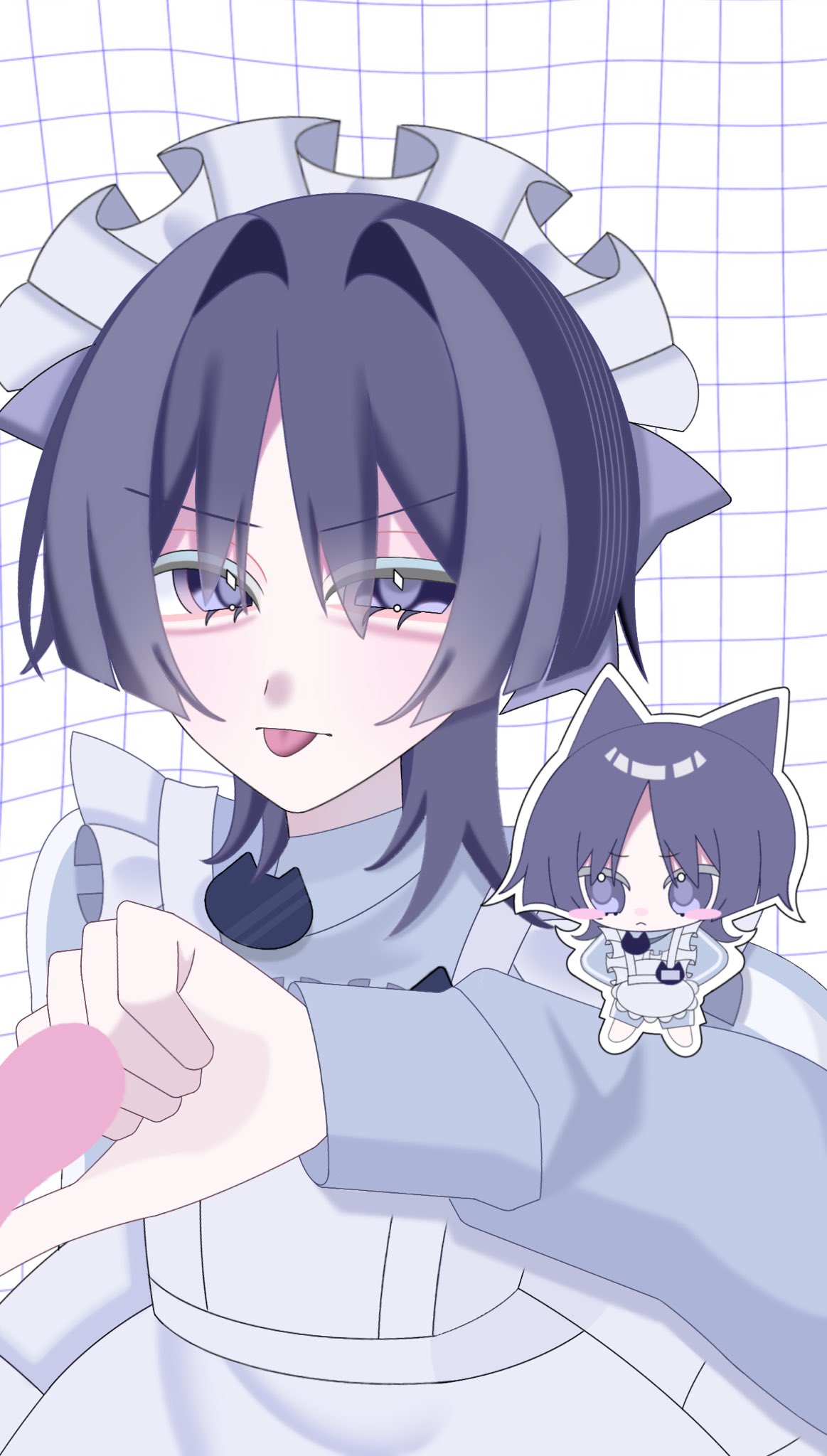 scaramouche (genshin impact), wanderer (genshin impact), genshin impact, highres, 1boy, amanenemimi, cat-shaped neckwear, chibi, frills, half-heart hands, long sleeves, looking at viewer, maid, maid headdress, tongue, tongue out, white background