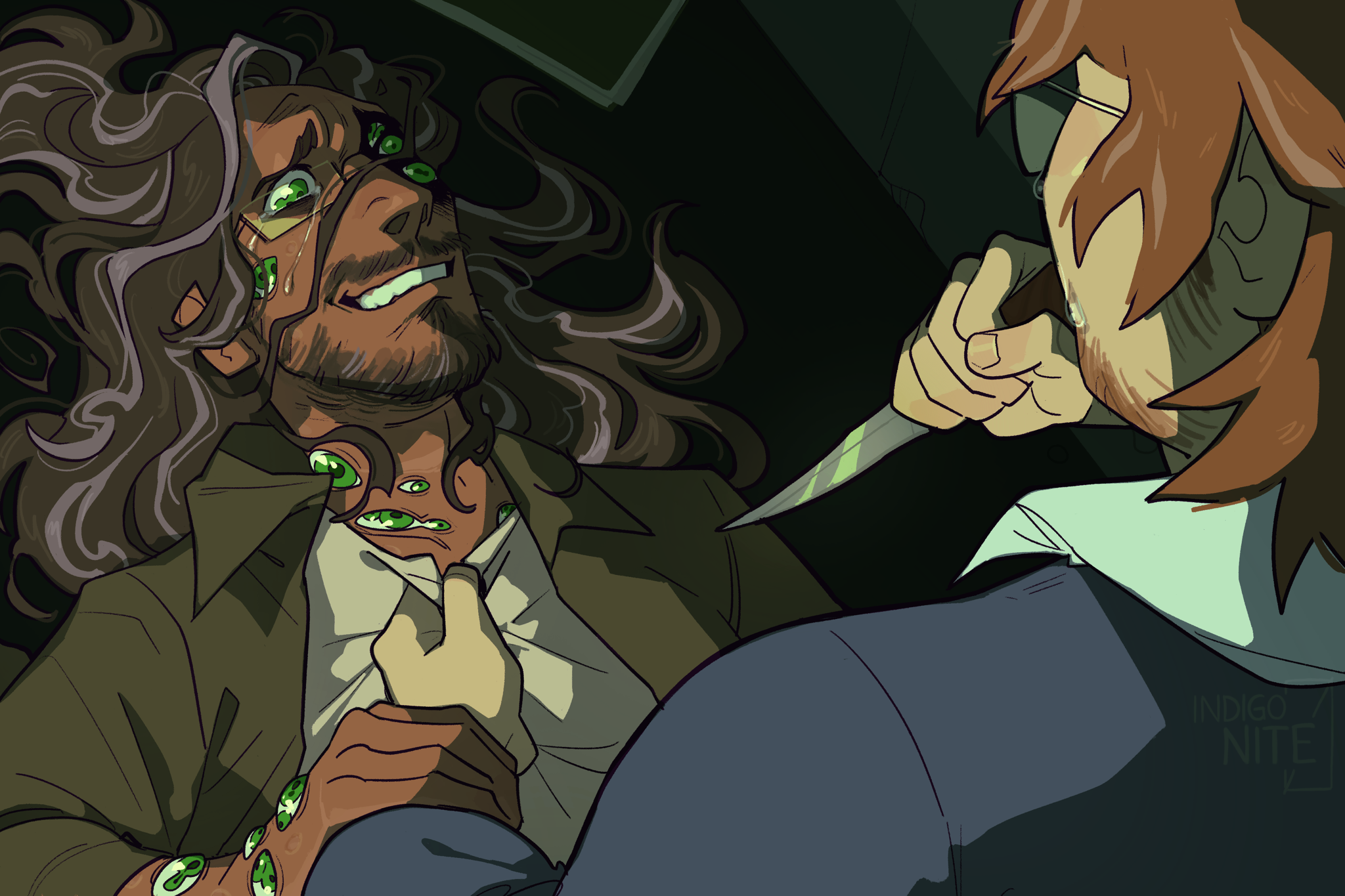 indigonite, jonathan sims, the magnus archives, highres, spoilers, beard, black hair, crying, crying with eyes open, dark-skinned male, dark skin, design speculation, extra eyes, facial hair, fingernails, frown lines, green eyes, grey hair, grin, holding, holding knife, imminent murder, knife, long hair, lying, male focus, martin blackwood, multicolored hair, multiple boys, nose, on back, sad, scar, scar on face, scar on neck, scene reference, shirt, smile, tears, two-tone hair, white shirt