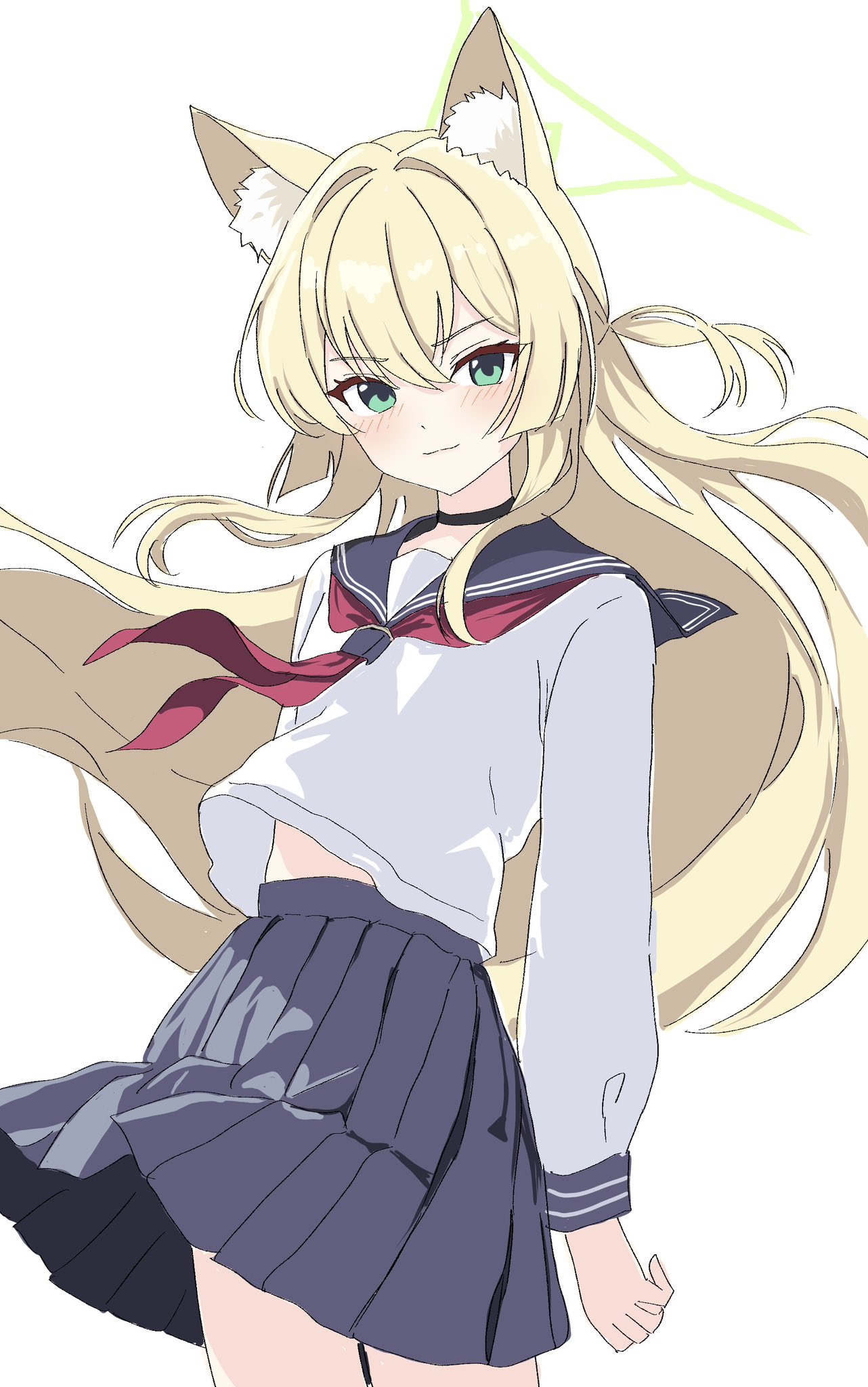 kamitosayu, kurumi (blue archive), blue archive, commentary request, highres, >:), 1girl, animal ear fluff, animal ears, arm at side, black choker, black sailor collar, black skirt, blonde hair, blush, choker, clenched hand, closed mouth, cowboy shot, floating hair, floating neckwear, fox ears, fox girl, green eyes, green halo, hair between eyes, hair intakes, halo, long hair, long sleeves, looking at viewer, midriff peek, miniskirt, neckerchief, pleated skirt, red neckerchief, sailor collar, school uniform, serafuku, sidelocks, simple background, skirt, smile, solo, two side up, v-shaped eyebrows, very long hair, weapon, white background, wind