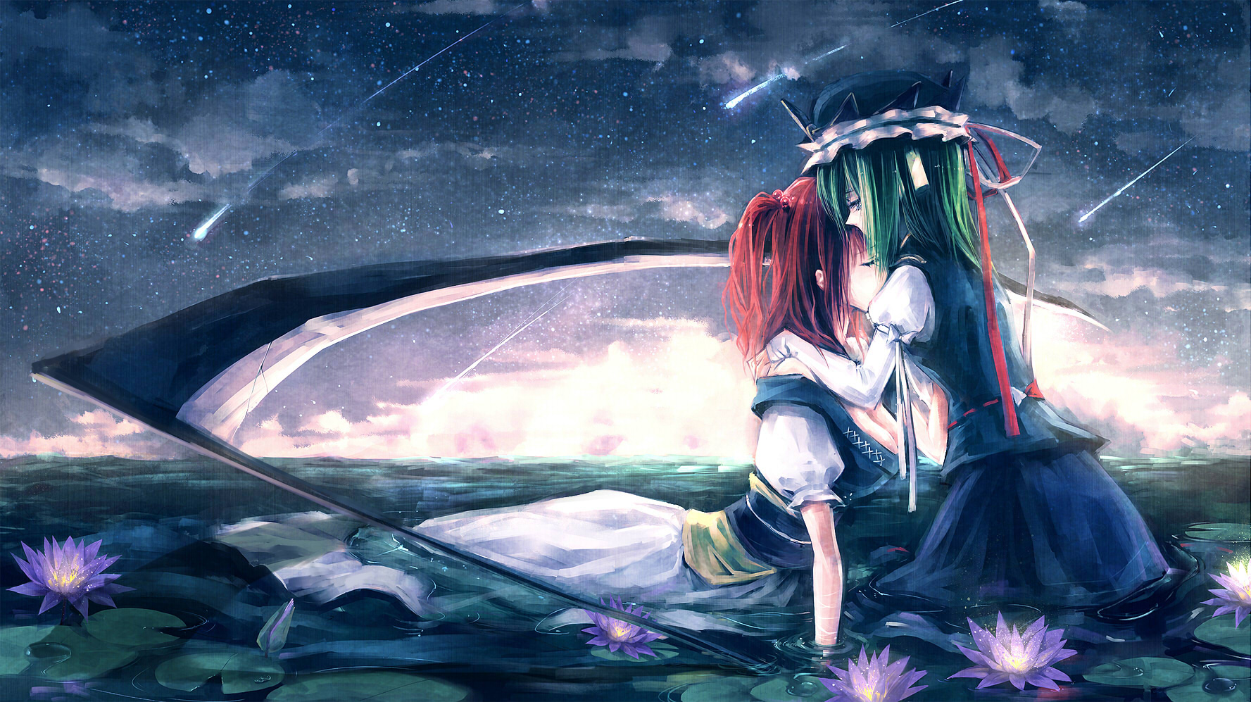 kieta, onozuka komachi, shiki eiki, touhou, highres, 2girls, blue eyes, breasts, cleavage, closed eyes, female focus, flower, green hair, hair bobbles, hair ornament, hat, hug, lotus, multiple girls, red hair, scythe, shooting star, water, water lily flower, yuri