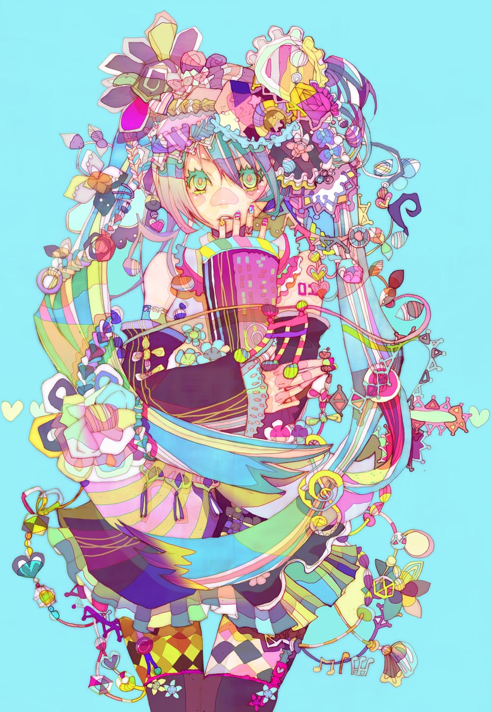 morino mao, morinomao, hatsune miku, vocaloid, bad id, bad pixiv id, highres, 1girl, abstract, blue background, colorful, detached sleeves, female focus, flower, heart, long hair, looking at viewer, musical note, necktie, pop art, simple background, skirt, solo, thighhighs, twintails, zettai ryouiki