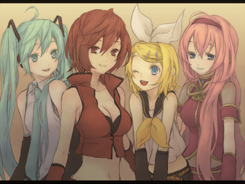 eevee-moon, nemuru, hatsune miku, kagamine rin, megurine luka, meiko (vocaloid), vocaloid, 4girls, ahoge, aqua eyes, aqua hair, blonde hair, blue eyes, breasts, brown eyes, brown hair, cleavage, hair ornament, hair ribbon, hairclip, headphones, long hair, medium breasts, midriff, multiple girls, navel, necktie, one eye closed, pink hair, ribbon, sailor collar, short hair, smile, twintails, wink