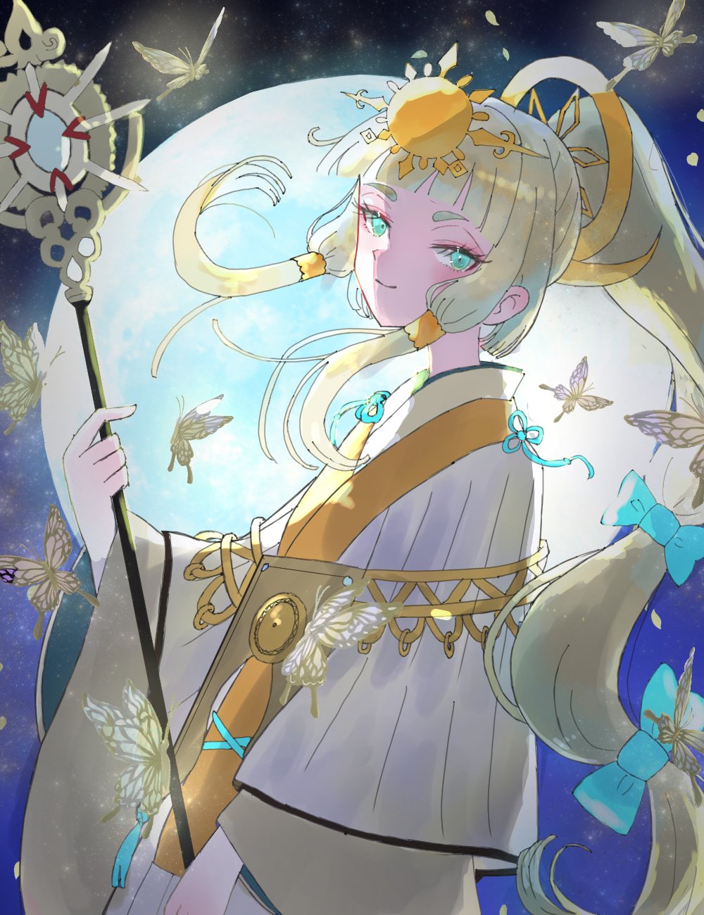 rune factory, rune factory: guardians of azuma, highres, 1girl, blunt bangs, bug, butterfly, full moon, glowing butterfly, high ponytail, holding, holding staff, insect, japanese clothes, kanata (rune factory), kimono, long hair, metal hair tubes, moon, night, night sky, ponytail, sky, staff, sun hair ornament, two-tone kimono, vmzdzxnx7fiyoxx, white kimono