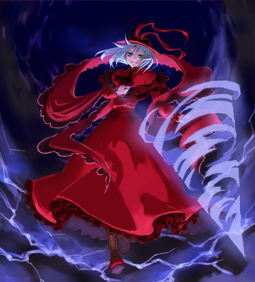 vica, nagae iku, touhou, silver hair, 1girl, alternate color, drill, female focus, full body, green eyes, hat, shawl, solo