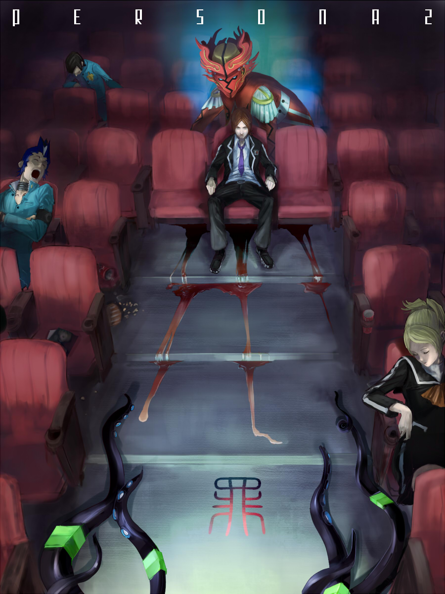 guri otoko, apollo (persona 2), kurosu jun, lisa silverman, mishina eikichi, nyarlathotep, nyarlathotep (persona 2), suou tatsuya, atlus, persona, persona 2, persona 2 tsumi, highres, 1girl, 3boys, aura, belt, belt buckle, black hair, black pants, black shirt, black skirt, blonde hair, blood, blood on ground, blue eyes, blue hair, blue shirt, breasts, brown hair, buckle, chair, closed eyes, closed mouth, copyright name, crossed arms, determined, emblem, facing viewer, floor, flower, food, from above, full body, glowing, hunched over, indoors, jacket, long sleeves, looking at viewer, male focus, matching hair/eyes, medium breasts, movie theater, multicolored hair, multiple boys, necktie, on chair, open mouth, orange ribbon, out of frame, pants, popcorn, ribbon, room, sailor collar, school uniform, serafuku, serious, seven sisters high school uniform, shirt, shoes, short hair, sitting, skirt, sleeping, snoring, spirit, streaked hair, suction cups, teeth, tentacles, theater, white hair, white shirt, yellow flower