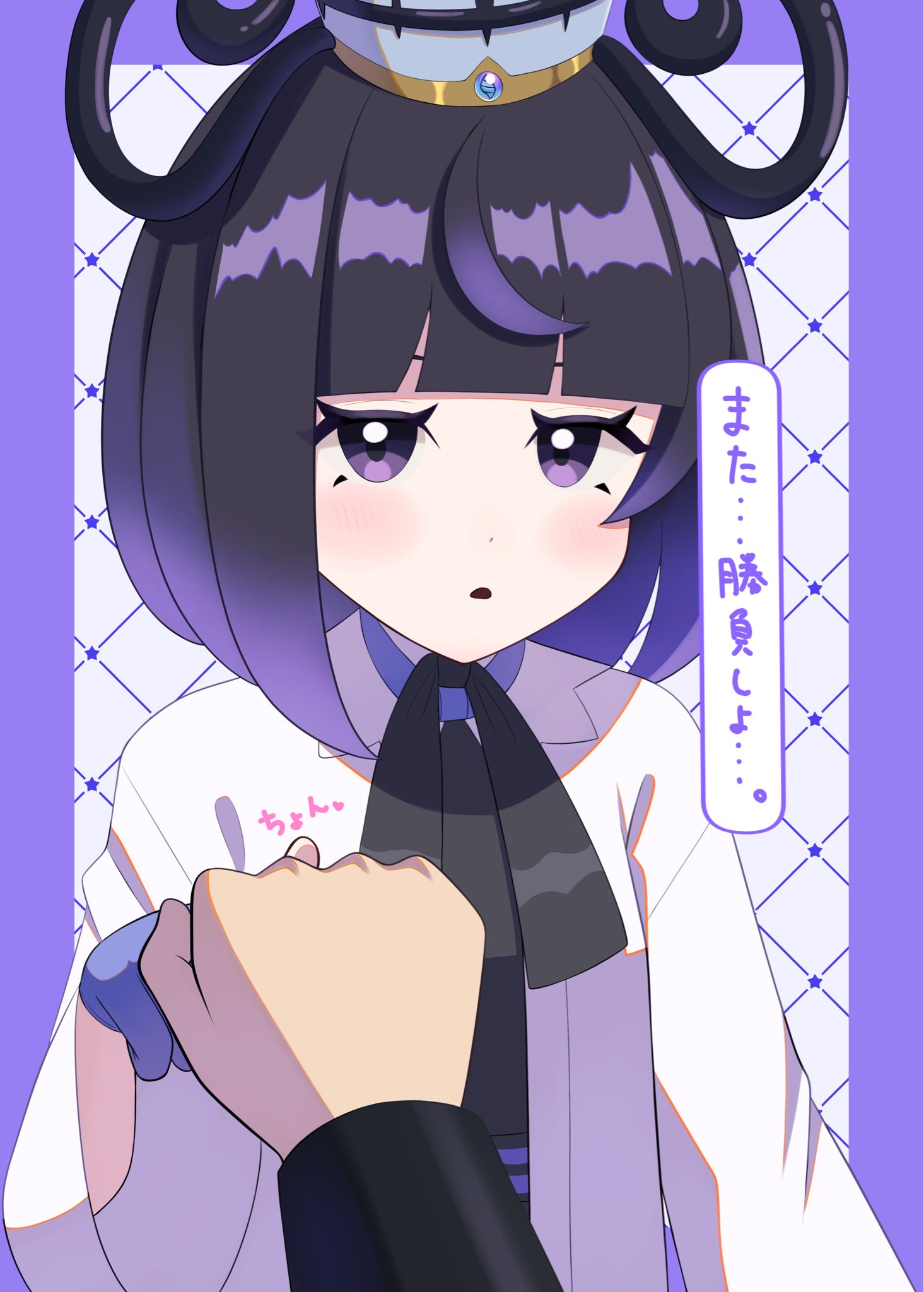 nemunemu 0826, gwynn (pokemon), nintendo, pokemon, pokemon legends: z-a, commentary request, highres, translation request, 1girl, 1other, :o, black hair, black ribbon, blue gloves, blunt bangs, bob cut, clenched hand, coat, eyelashes, gloves, gradient hair, hat, long sleeves, looking at viewer, mega stone, multicolored hair, neck ribbon, open clothes, open coat, open mouth, partially fingerless gloves, poking, pov, pov hands, purple eyes, purple hair, ribbon, short hair, solo focus, upper body, white coat