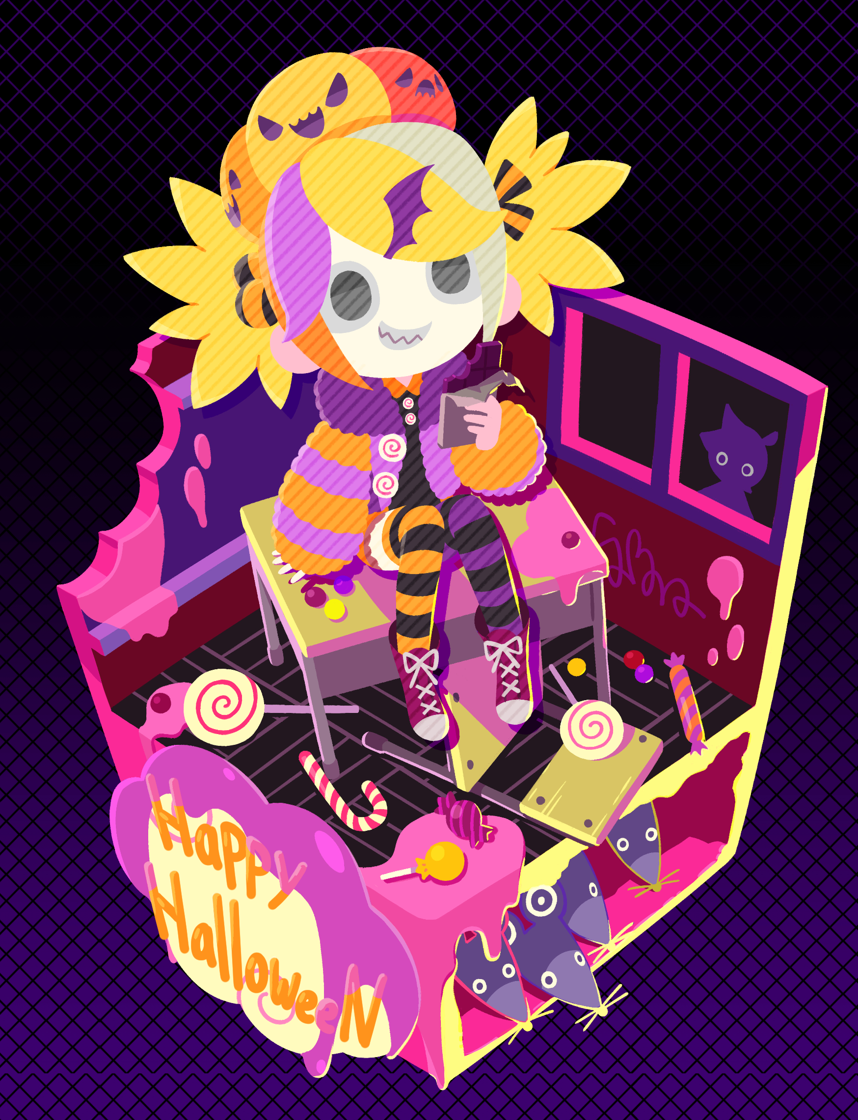 bon bon eee, kagamine len, kagamine rin, commentary, english commentary, highres, 1girl, animal, asymmetrical legwear, bat hair ornament, black eyes, blonde hair, candy, chalkboard, desk, diorama, food, food-themed hair ornament, full body, fur jacket, grin, hair ornament, halloween, happy halloween, happy halloween (vocaloid), jack-o'-lantern, jack-o'-lantern hair ornament, jacket, lollipop, long sleeves, mouse (animal), multicolored hair, multiple boys, on desk, orange hair, pumpkin hair ornament, purple hair, school desk, shoes, sitting, smile, sneakers, solo, streaked hair, striped clothes, striped sleeves, striped thighhighs, swirl lollipop, thighhighs, twintails, window, wrapped candy