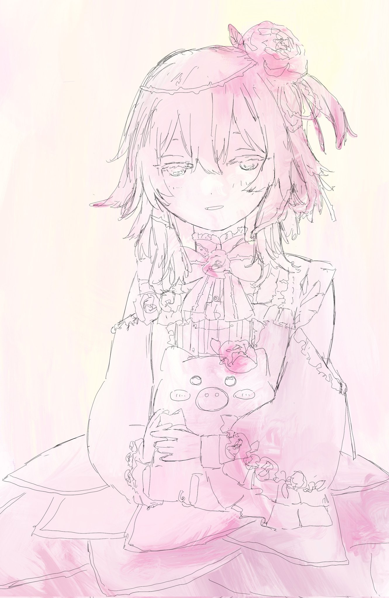 rosebud (rosemi lovelock), rosemi lovelock, rosemi lovelock (1st costume), nijisanji, nijisanji en, commentary, highres, symbol-only commentary, 1girl, animal, bad anatomy, bad hands, blush stickers, clothing cutout, cowboy shot, dress, faux traditional media, frilled dress, frills, hair between eyes, half-closed eyes, holding, holding animal, light smile, limited palette, lolita fashion, long sleeves, looking down, monochrome, open mouth, pink theme, puffy long sleeves, puffy sleeves, shoulder cutout, simple background, solo, virtual graduation commemoration, virtual youtuber, z4t ar