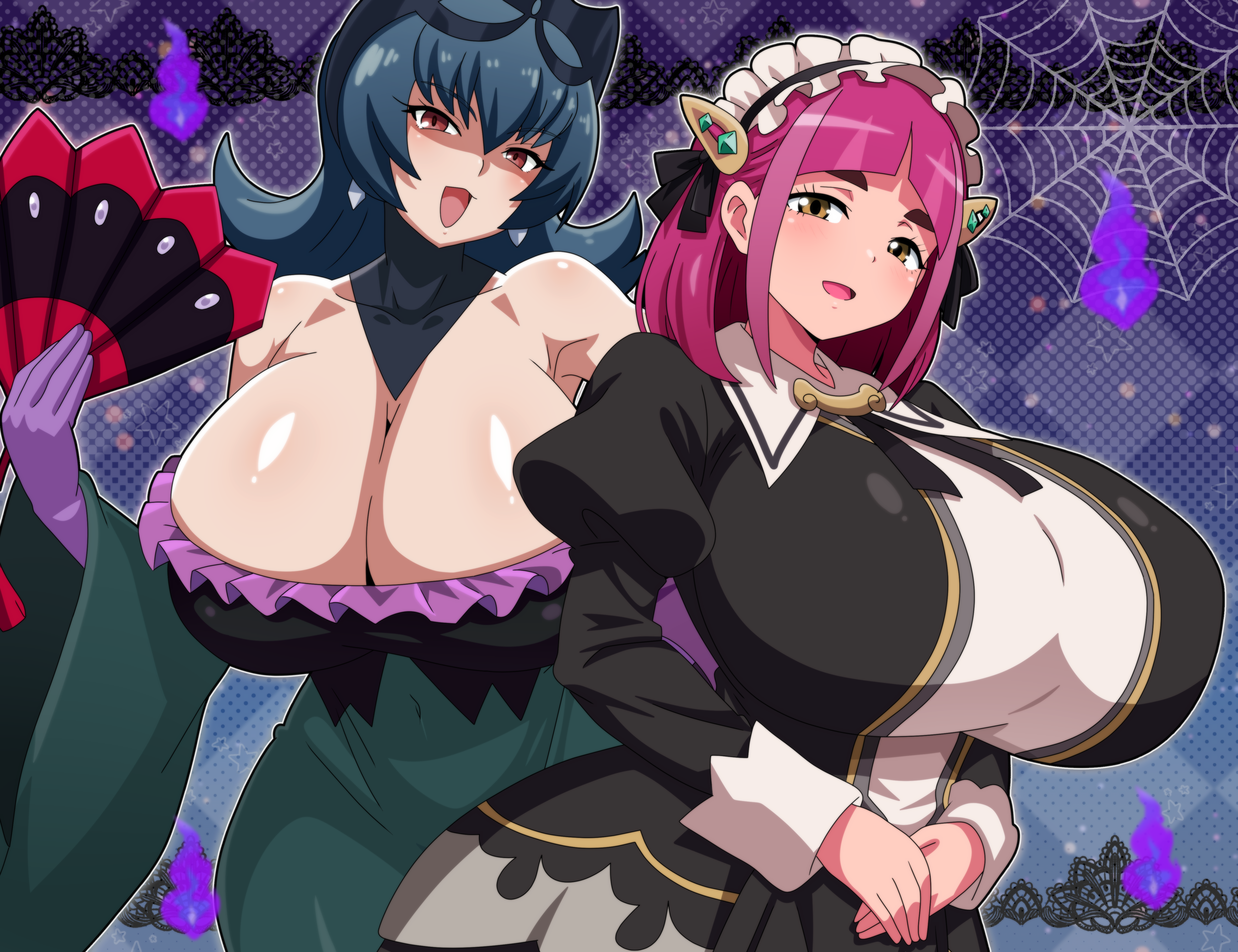 hitokiwa kenchin, bellelba (pokemon), lacey (fall 2025) (pokemon), lacey (pokemon), sabrina (pokemon), nintendo, pokemon, pokemon masters ex, absurdres, highres, breasts, halloween, huge breasts, multiple girls, official alternate costume