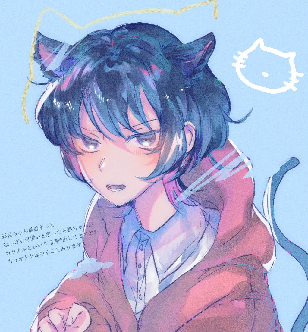 koyuki12270321, fujii ayame, futsuu no keion-bu, commentary, translation request, 1girl, animal ears, blue background, blue hair, blue tail, cat ears, cat girl, cat tail, collared shirt, colored inner hair, dress shirt, grey eyes, hood, hoodie, kemonomimi mode, multicolored hair, pink hoodie, purple hair, shirt, short hair, solo, tail, upper body, v-shaped eyebrows, white shirt, wolf cut