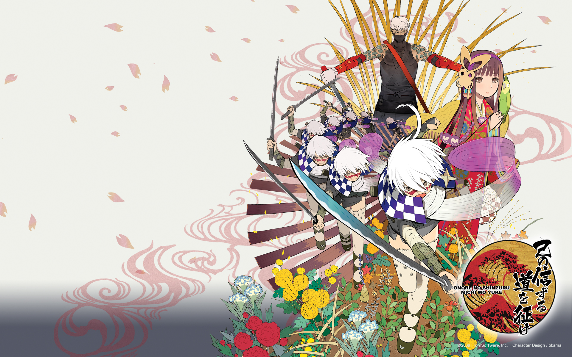 okama, manahime, mikazuchimaru, shippuumaru, fromsoftware, onore no shinzuru michi wo yuke, highres, 1girl, 6+boys, artist name, bird, copyright name, flower, japanese clothes, katana, logo, multiple boys, ninja, sword, tattoo, watermark, weapon, white hair