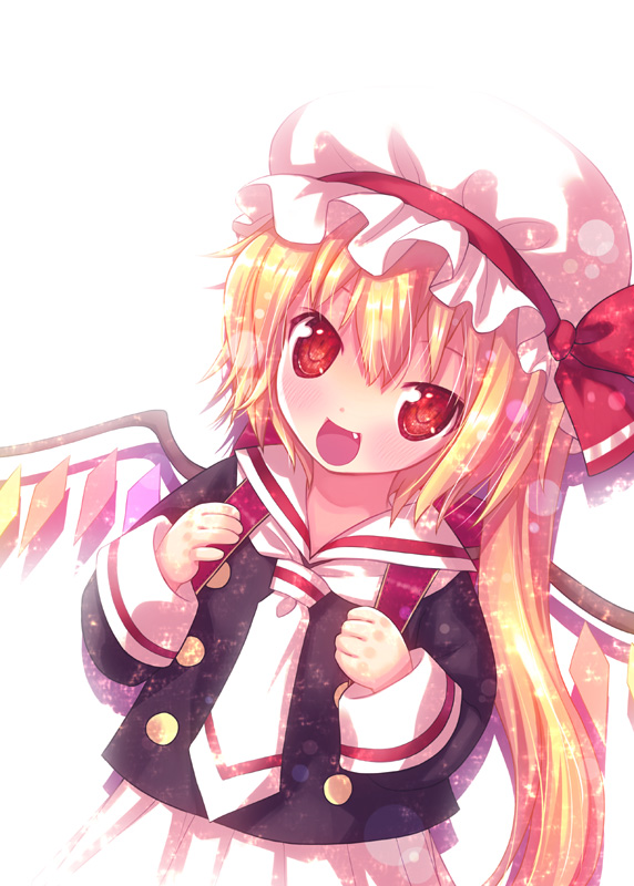 kiira, flandre scarlet, embodiment of scarlet devil, touhou, bad id, bad pixiv id, 1girl, alternate costume, backpack, bag, blonde hair, fang, female focus, hat, long hair, one side up, pleated skirt, ponytail, randoseru, red eyes, school uniform, side ponytail, skirt, solo, white background, wings