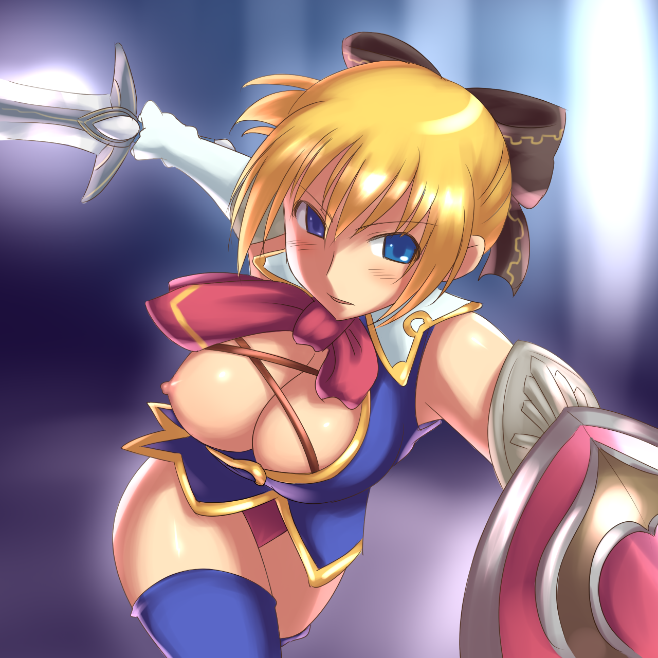 aaaa (quad-a), cassandra alexandra, soul calibur, soulcalibur, soulcalibur iv, bad id, bad pixiv id, highres, 1girl, bare shoulders, blonde hair, blue eyes, blue thighhighs, blush, bow, breast slip, breasts, cleavage, elbow gloves, female focus, gloves, hair between eyes, hair bow, leotard, looking at viewer, medium breasts, necktie, nipples, one breast out, parted lips, pink necktie, shield, short hair, shoulder pads, solo, sword, thighhighs, wardrobe malfunction, weapon