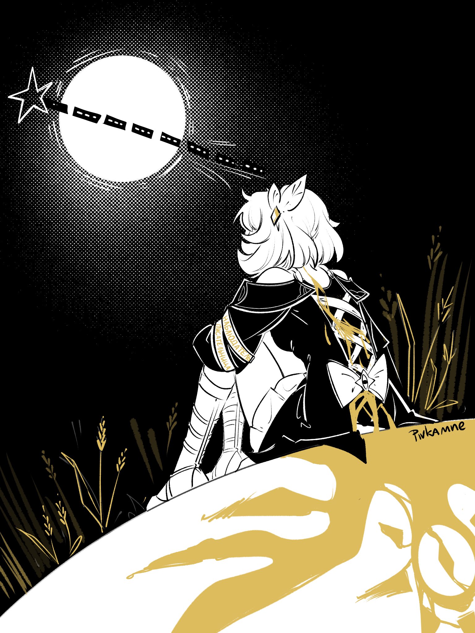 cyrene (aedes elysiae) (honkai: star rail), cyrene (honkai: star rail), honkai: star rail, honkai (series), commentary, english commentary, highres, 1girl, artist name, astral express (honkai: star rail), coat, full moon, hair ornament, knees up, moon, night, night sky, outdoors, pivkamne, sandals, sitting, sky, solo, wheat, wheat field