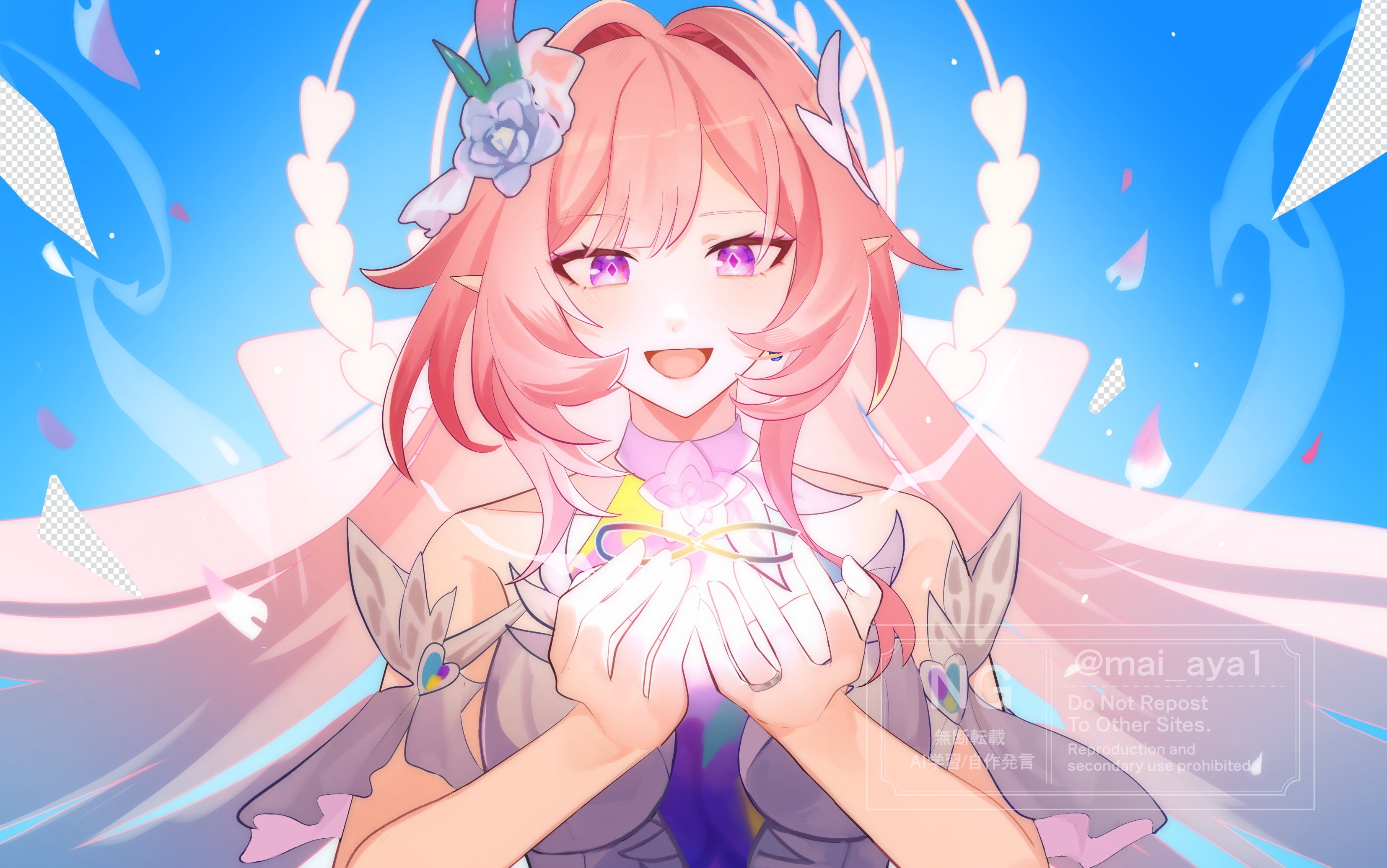 cyrene (honkai: star rail), cyrene (ripples of past reverie) (honkai: star rail), honkai: star rail, honkai (series), absurdres, commentary request, highres, 1girl, amphoreus (honkai: star rail), bare shoulders, blue background, blue sky, breasts, diamond-shaped pupils, diamond (shape), dress, flower, hair flower, hair intakes, hair ornament, halo, large breasts, long hair, mai aya1, mobius strip, open mouth, pink hair, pointy ears, purple eyes, sky, smile, solo, symbol-shaped pupils, very long hair, white dress