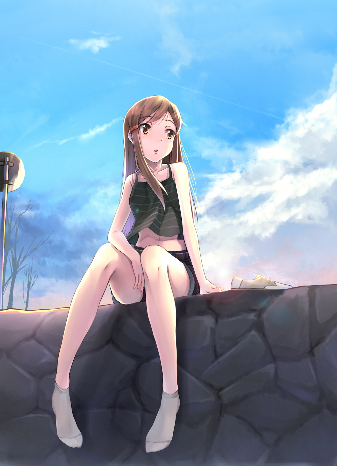 yuki usagi (mofurafu), katsuhara mikuru, higashi no eden, looking away, wall, highres, 00s, 1girl, :o, ankle socks, bare legs, bare tree, belt, blue sky, brown eyes, brown hair, camisole, cloud, contrail, crop top, day, feet, female focus, foot dangle, full body, hair ornament, hairclip, legs, long hair, looking to the side, midriff, navel, on wall, outdoors, road sign, shoes, shorts, sign, sitting, sky, socks, solo, stone wall, tree, unworn shoes