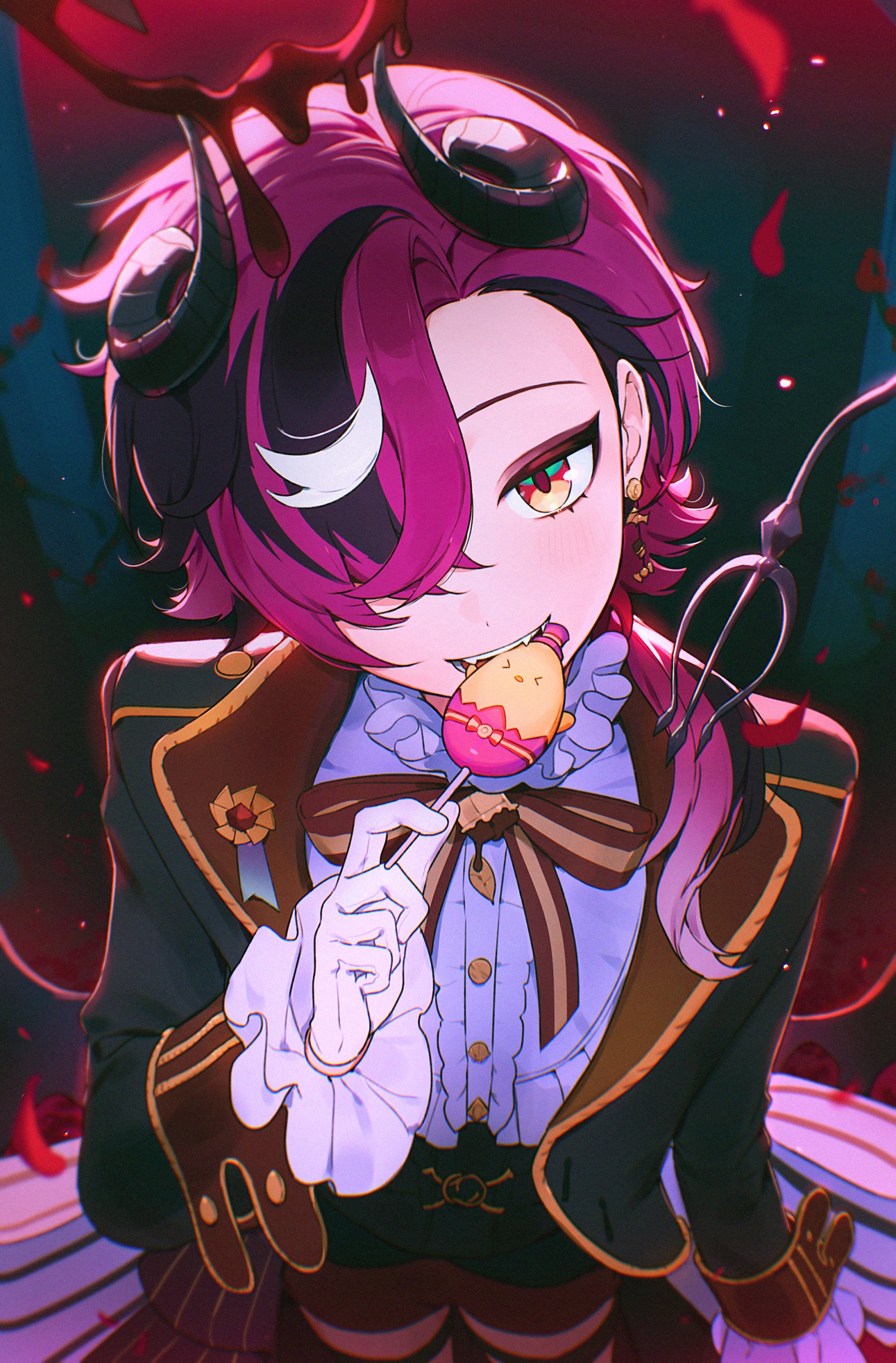 zzangto, doppio dropscythe, nijisanji, nijisanji en, absurdres, highres, 1boy, black hair, blazer, blood, blood halo, bow, bowtie, candy, cowboy shot, curled horns, doppio dropscythe (3rd costume), dress shirt, earrings, fangs, food, forked tail, frilled shirt, frills, from above, gloves, green eyes, hair over one eye, halo, hand up, holding, holding candy, holding food, holding lollipop, horns, jacket, jewelry, liquid halo, lollipop, lollipop in mouth, long sleeves, looking at viewer, low wings, male focus, multicolored hair, ouji fashion, pink eyes, purple hair, scythekick (doppio dropscythe), shirt, shorts, solo, tail, virtual youtuber, white gloves, white hair, wings, yellow eyes