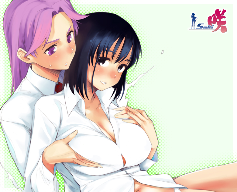 yurikawa, kajiki yumi, kujiki yumi, touyoko momoko, saki (manga), 00s, 2girls, black hair, blush, breasts, brown eyes, cleavage, grabbing another's breast, groping, large breasts, long hair, multiple girls, navel, panties, pink eyes, pink hair, smile, underwear, yuri