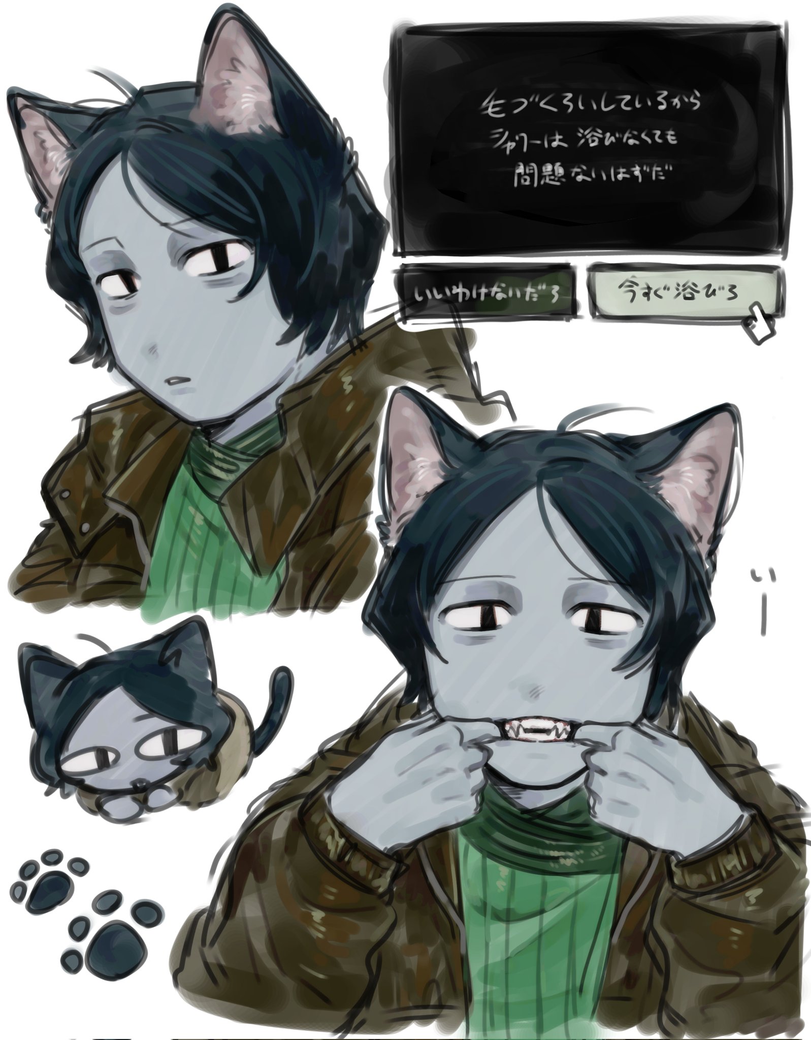 coat guy (no i'm not a human), no i'm not a human, highres, 1boy, animal ears, black eyes, black hair, cat boy, cat ears, cat tail, chikyu399, coat, colored skin, green scarf, grey skin, kemonomimi mode, male focus, scarf, short hair, sketch, sweater, tail, teeth