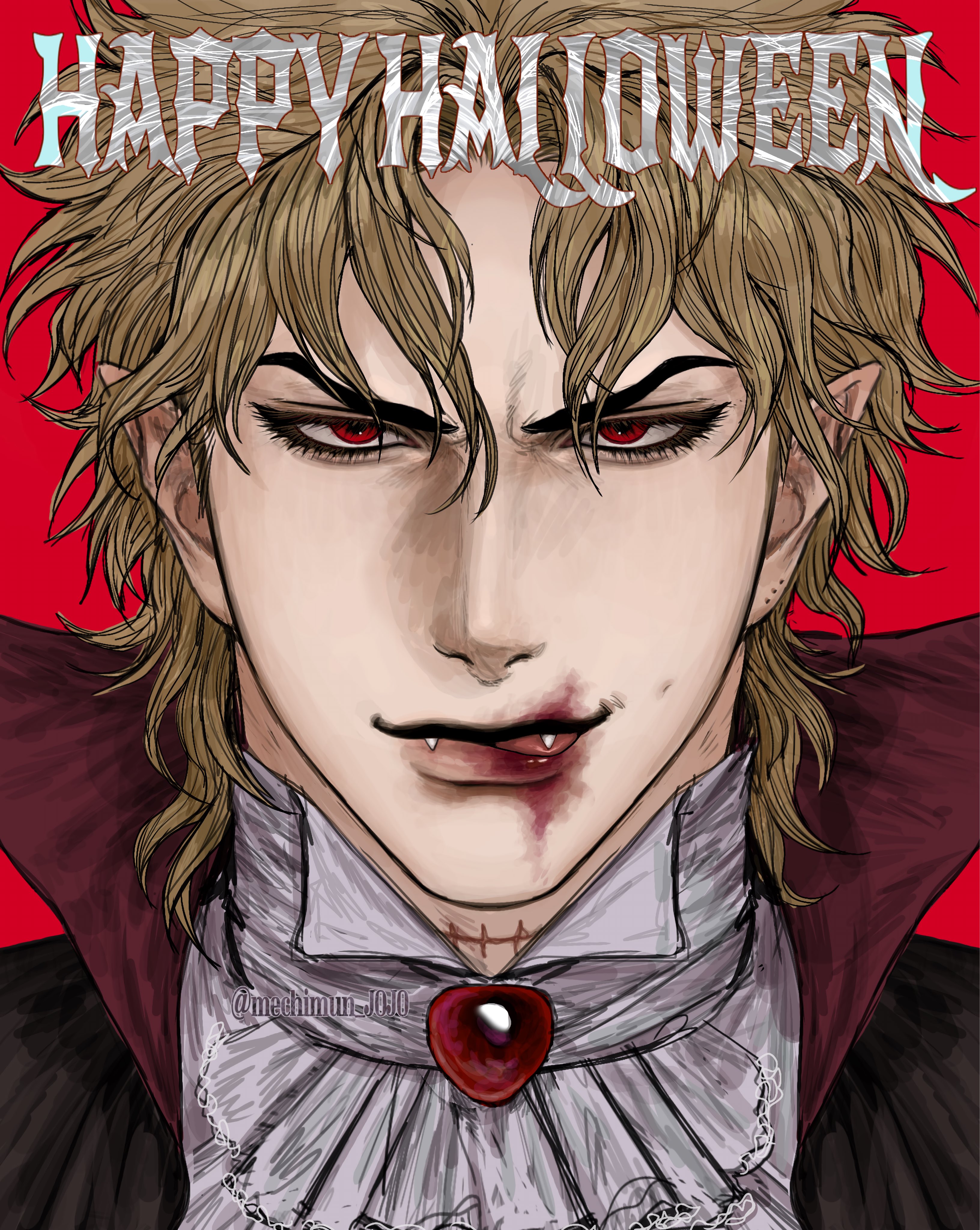 mechimun jojo, dio brando, jojo no kimyou na bouken, phantom blood, absurdres, commentary request, highres, 1boy, blonde hair, blood, blood on face, fangs, happy halloween, licking lips, looking at viewer, male focus, mole, mole on ear, mystical high collar, pointy ears, portrait, red eyes, scar, scar on neck, short hair, smile, solo, straight-on, tongue, tongue out, vampire