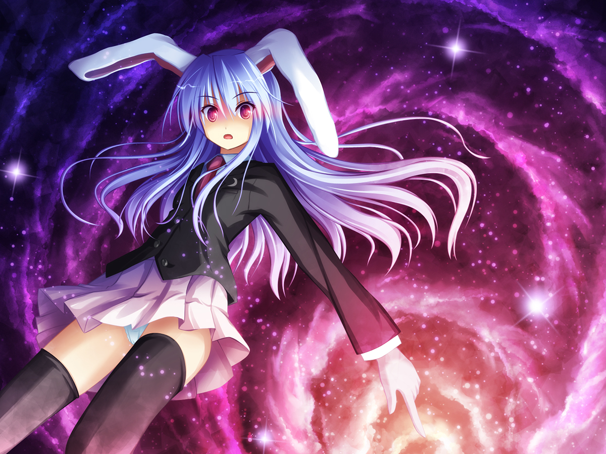 akashio (loli ace), reisen udongein inaba, touhou, bad id, bad pixiv id, 1girl, animal ears, black thighhighs, blazer, blue hair, danmaku, female focus, glowing, glowing eyes, gradient background, jacket, necktie, panties, pleated skirt, rabbit ears, red eyes, skirt, solo, thighhighs, underwear, upskirt, zettai ryouiki