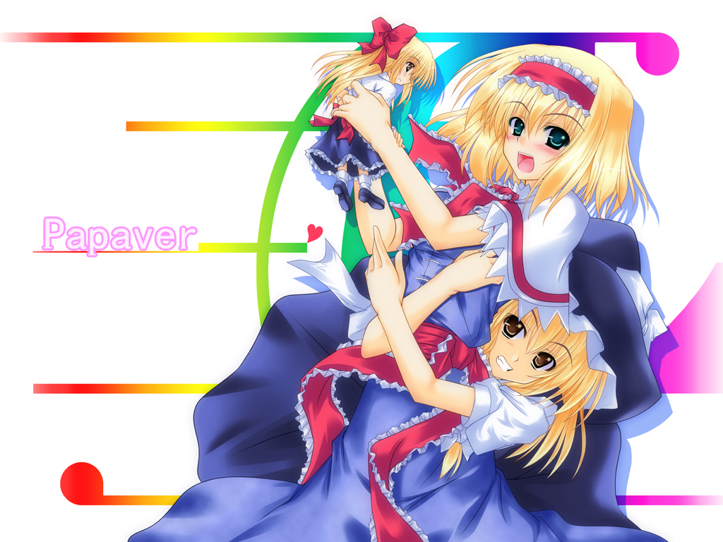 aoi hiro, alice margatroid, kirisame marisa, shanghai doll, touhou, 3girls, blonde hair, blue eyes, blush, brown eyes, doll, dress, female focus, hairband, hat, hug, multiple girls, white background, witch, witch hat