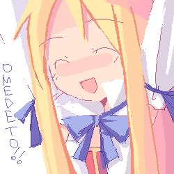 asami natsuhito, flonne, disgaea, makai senki disgaea, nippon ichi, archived source, lowres, :d, arms up, blonde hair, blue bow, blue bowtie, bow, bowtie, close-up, closed eyes, collared jacket, congratulations, detached sleeves, high collar, jacket, jaggy lines, long hair, long sidelocks, meme, no nose, open mouth, romaji text, sidelocks, simple background, sleeve ribbon, sleeveless, sleeveless jacket, smile, tied sleeves, upper body, white background, white jacket, white sleeves