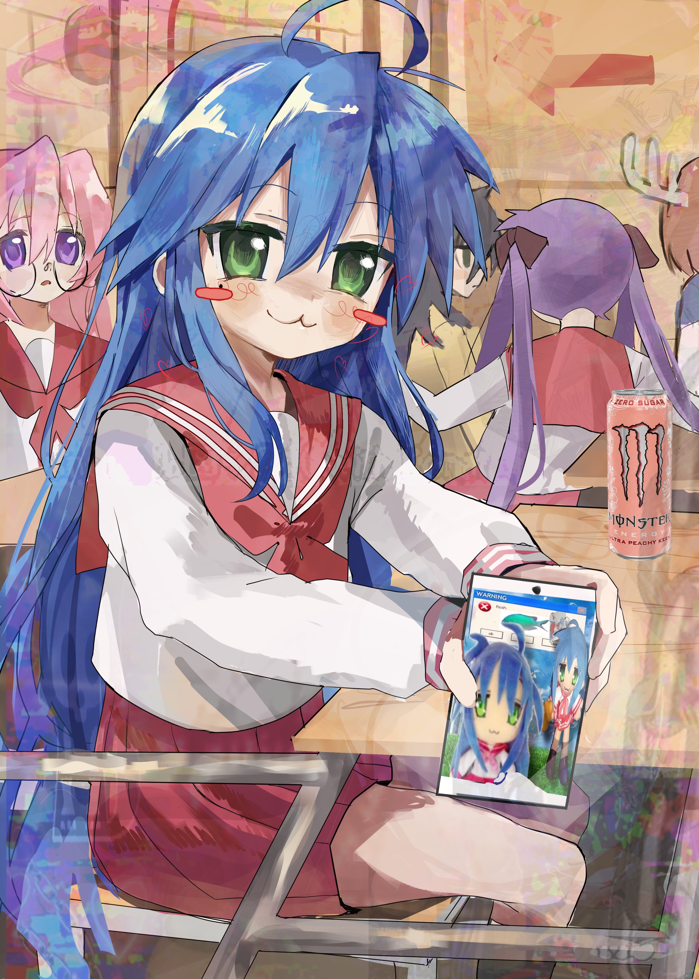 kagana helsuki, hiiragi kagami, izumi konata, kuroki tomoko, shikanoko noko, takara miyuki, lucky star, monster energy, shikanoko nokonoko koshitantan, watashi ga motenai no wa dou kangaetemo omaera ga warui!, absurdres, highres, 5girls, :3, ahoge, black hair, blue hair, blush, blush stickers, cellphone, chair, chromatic aberration, classroom, deer girl, desk, glasses, green eyes, hair between eyes, holding, holding phone, jacket, long hair, looking at viewer, meme, mole, mole under eye, multiple girls, neckerchief, on chair, phone, pink hair, pink neckerchief, pink sailor collar, pink skirt, pleated skirt, purple eyes, purple hair, ryouou school uniform, sailor collar, school desk, school uniform, serafuku, skirt, smartphone, smile, twintails, very long hair, yellow jacket