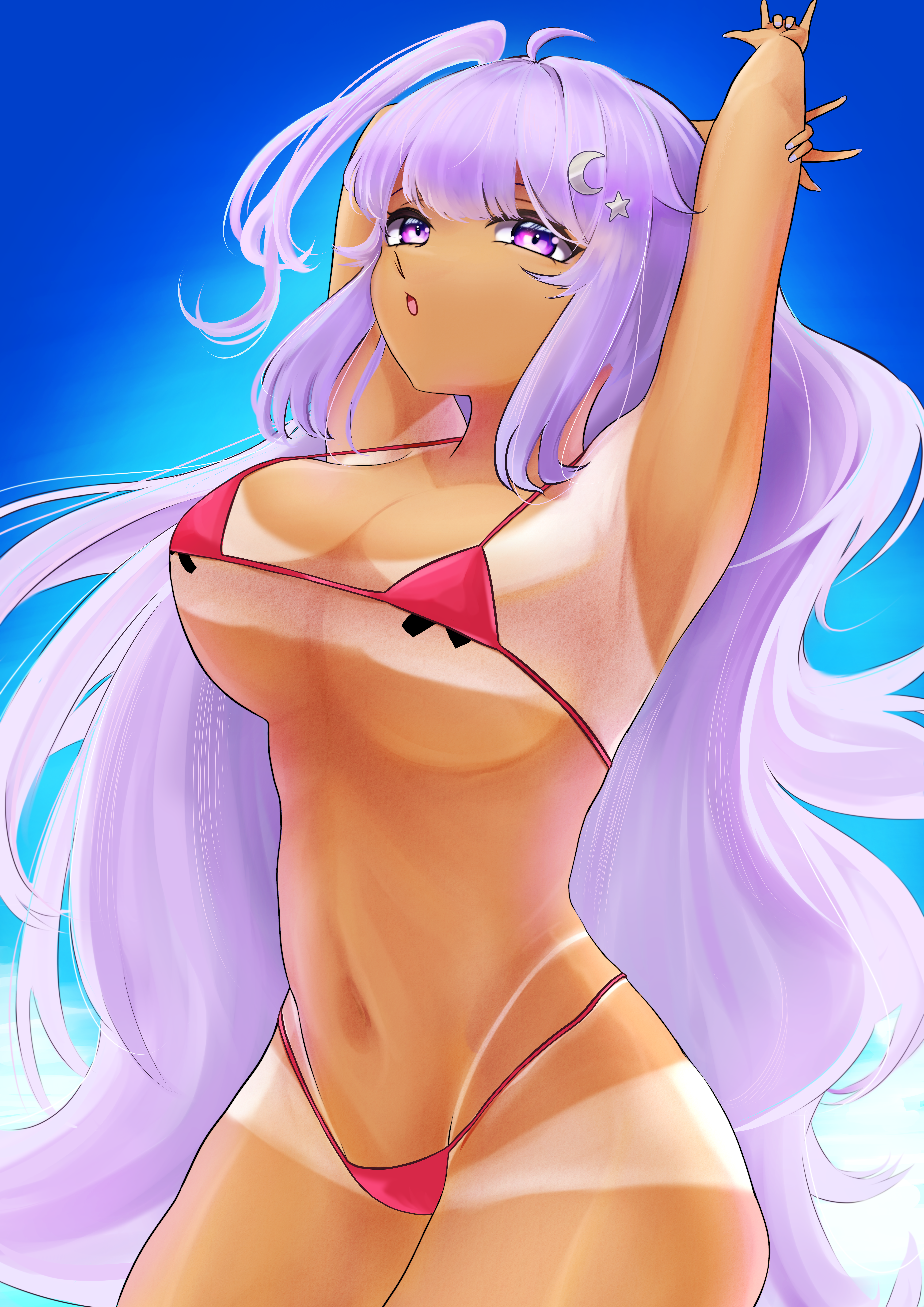 cafflin, eepy sleepy, phase connect, absurdres, highres, second-party source, 1girl, ahoge, bikini, breasts, cleavage, crescent, crescent hair ornament, cross, cross pasties, hair ornament, long hair, micro bikini, navel, open mouth, pasties, pink bikini, purple eyes, purple hair, purple nails, solo, star (symbol), star hair ornament, swimsuit, tan, tanline, virtual youtuber