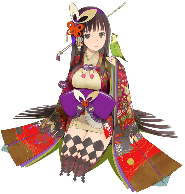 okama, manahime, onore no shinzuru michi wo yuke, 1girl, bird, bird on hand, bow, breasts, brown hair, female focus, hair ornament, hairpin, japanese clothes, kneeling, parrot, simple background, solo, thighhighs