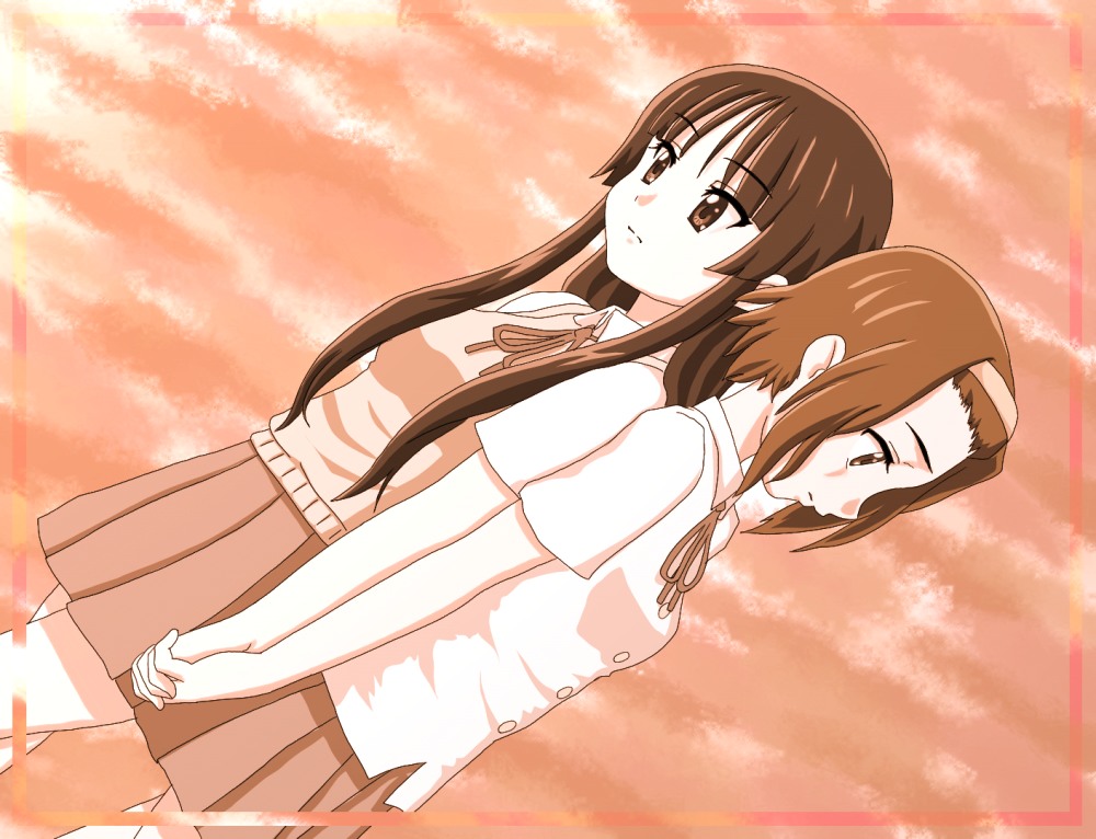 chunpai, akiyama mio, tainaka ritsu, k-on!, 00s, 2girls, back-to-back, dutch angle, holding hands, long hair, monochrome, multiple girls, orange theme, school uniform, sepia, short hair