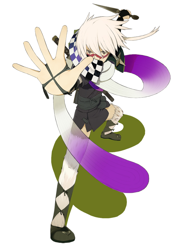 okama, shippuumaru, onore no shinzuru michi wo yuke, 1boy, full body, male focus, mask, ninja, simple background, solo, sword, tattoo, weapon, white background, white hair