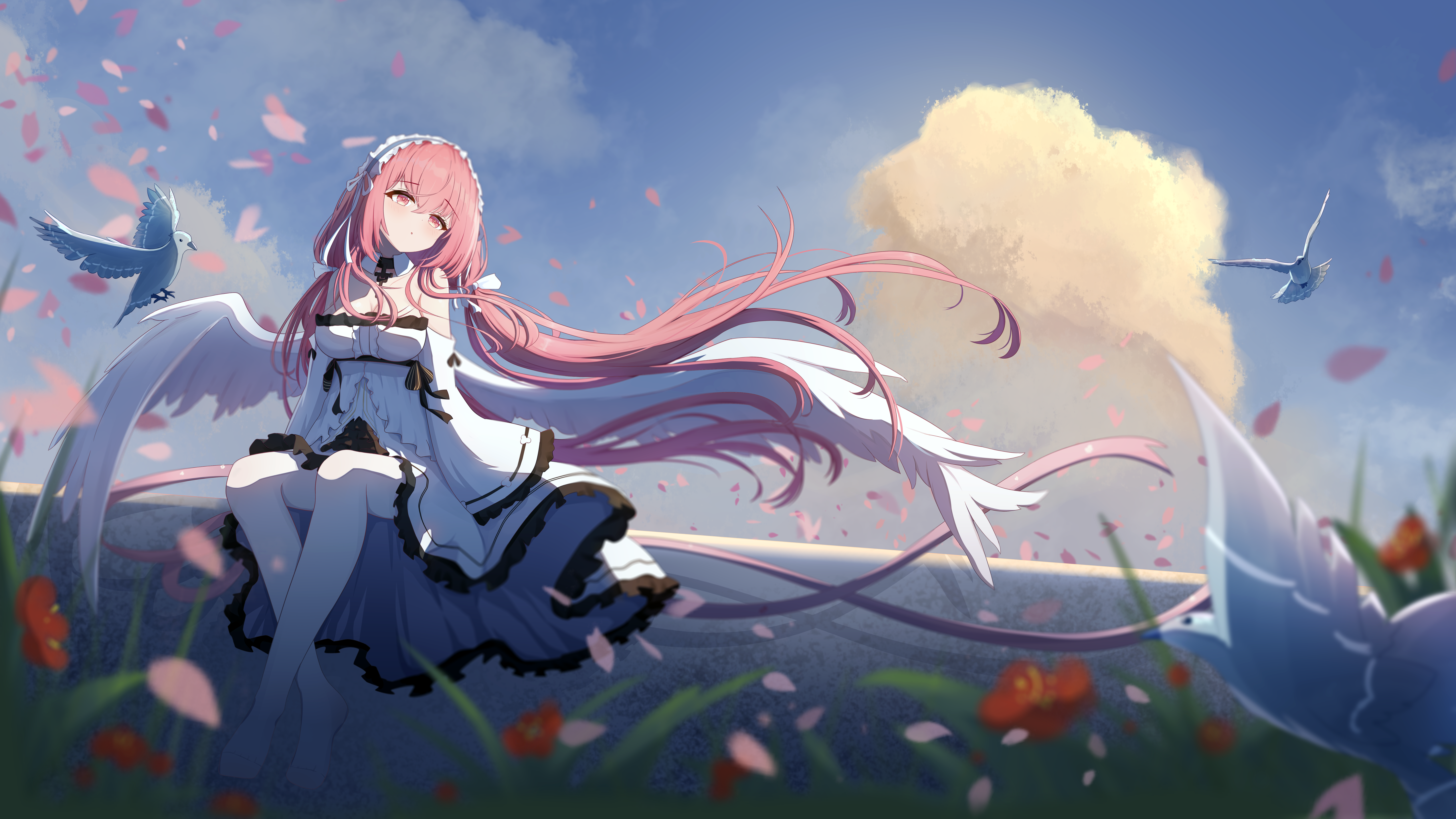 nicknameokupied, perseus (azur lane), azur lane, absurdres, commentary request, highres, 1girl, bird, blue sky, breasts, cloud, day, detached sleeves, dress, flower, frilled hairband, frills, full body, hairband, long hair, long sleeves, medium breasts, outdoors, pantyhose, pink eyes, pink hair, red flower, sitting, sky, solo, very long hair, white dress, white pantyhose, wide sleeves