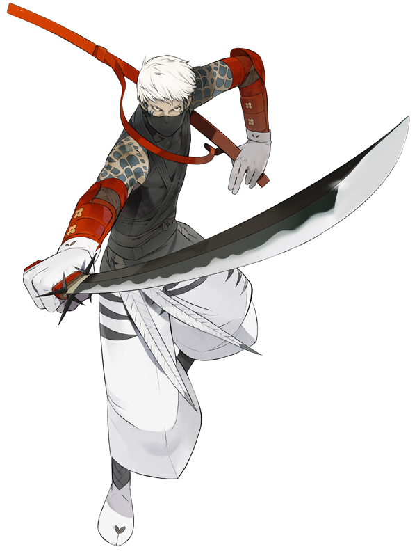okama, mikazuchimaru, onore no shinzuru michi wo yuke, 1boy, katana, male focus, mask, ninja, solo, sword, tattoo, weapon, white hair