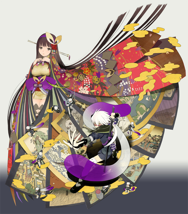 okama, manahime, shippuumaru, onore no shinzuru michi wo yuke, 1boy, 1girl, breasts, brown hair, hime cut, japanese clothes, medium breasts, ninja, tattoo, white hair