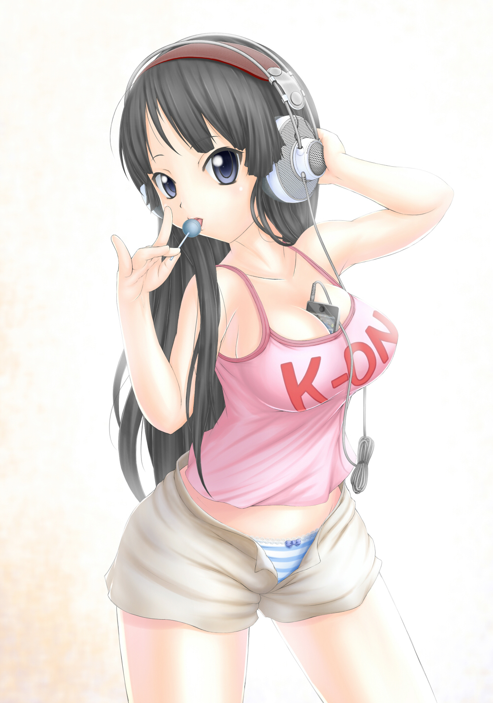 sho-he-, akiyama mio, akg, ipod touch, k-on!, bad id, bad pixiv id, highres, 00s, 1girl, akg k-series headphones, between breasts, black eyes, black hair, breasts, candy, casual, cleavage, digital media player, female focus, food, headphones, ipod, large breasts, lollipop, long hair, panties, product placement, short shorts, shorts, solo, striped clothes, striped panties, tank top, underwear, unzipped