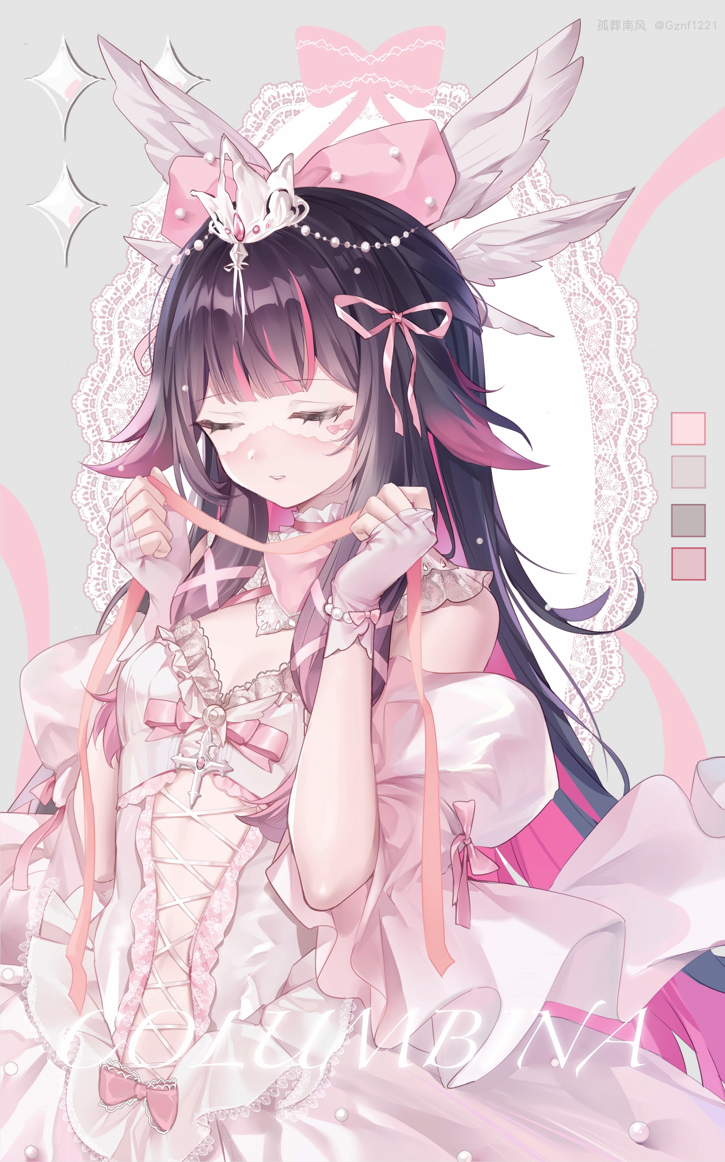 guzangnanfeng, columbina (genshin impact), genshin impact, absurdres, highres, 1girl, black hair, breasts, closed eyes, colored inner hair, crown, dress, eye mask, fingerless gloves, gloves, hair ribbon, head wings, holding, holding ribbon, long hair, mask, mini crown, multicolored hair, parted lips, pink ribbon, ribbon, small breasts, solo, upper body, very long hair, white dress, wings