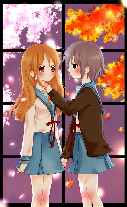 moffunnyo, asahina mikuru, nagato yuki, suzumiya haruhi no yuuutsu, bad id, bad pixiv id, 00s, blush, brown eyes, brown hair, cardigan, cherry blossoms, grey hair, holding hands, leaf, long hair, school uniform, serafuku, short hair, window, yuri